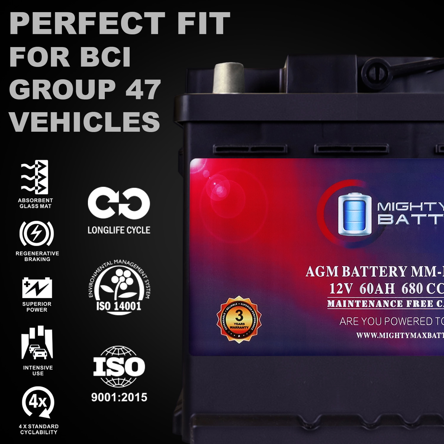 MM-H5 Group 47 12V 60AH 100RC 680CCA Replacement Battery Compatible with ACDelco 47 AGM