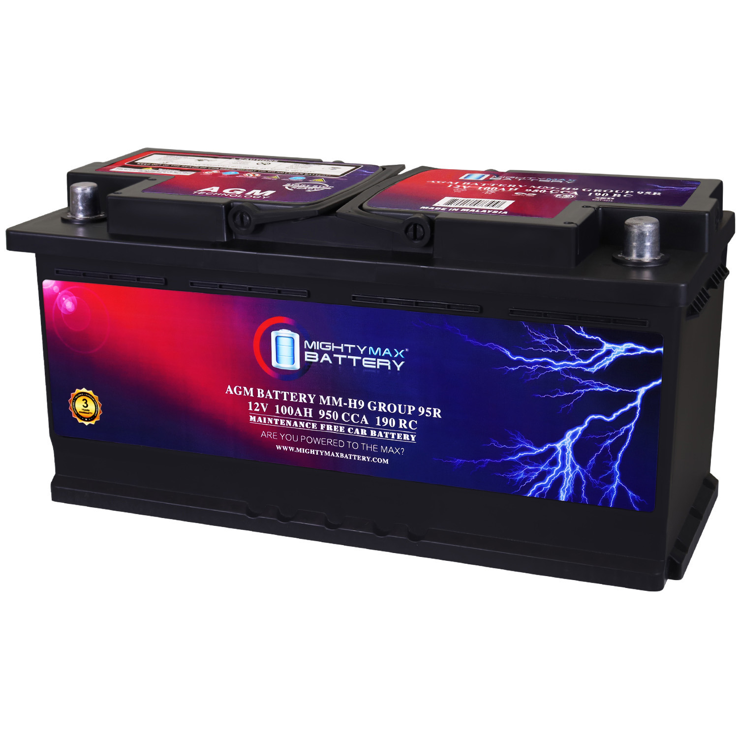 Mighty Max Battery MM-H9 Start and Stop Car Group 95R 12V 100AH, 190RC, 950CCA Rechargeable AGM Car battery