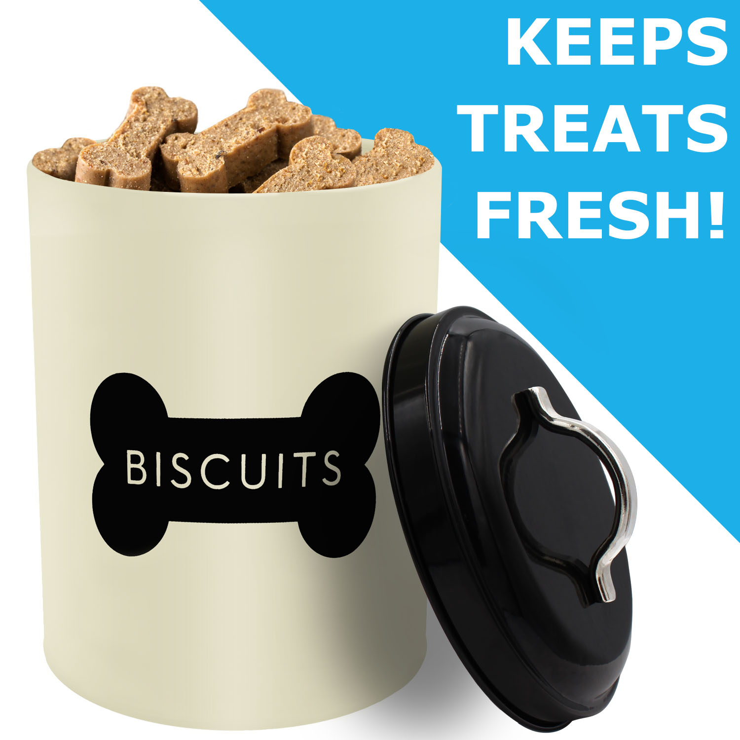Tin jar storage container for your Dog Biscuit treats to store in your kitchen or any room of the house – Lid included - Ivory