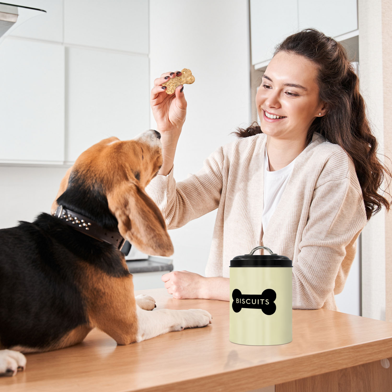 Tin jar storage container for your Dog Biscuit treats to store in your kitchen or any room of the house – Lid included - Ivory