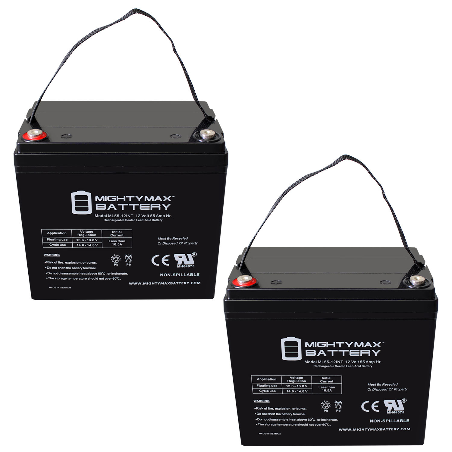 12V 55AH Internal Thread Replacement Battery for Renogy PV Solar Panels - 2 Pack
