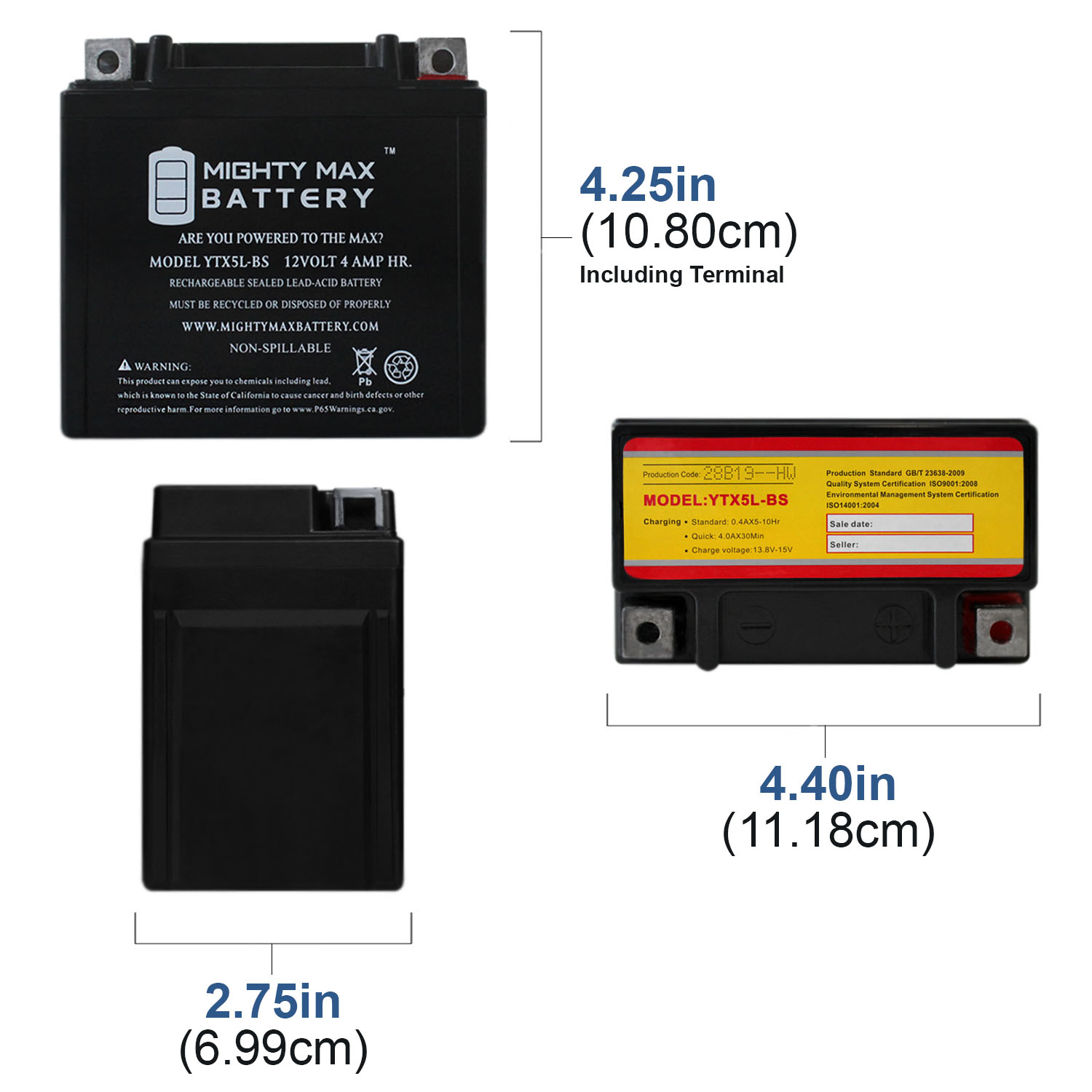 YTX5L-BS MOTORCYCLE BATTERY REPLACEMENT - 12V 4AH - 80 CCA