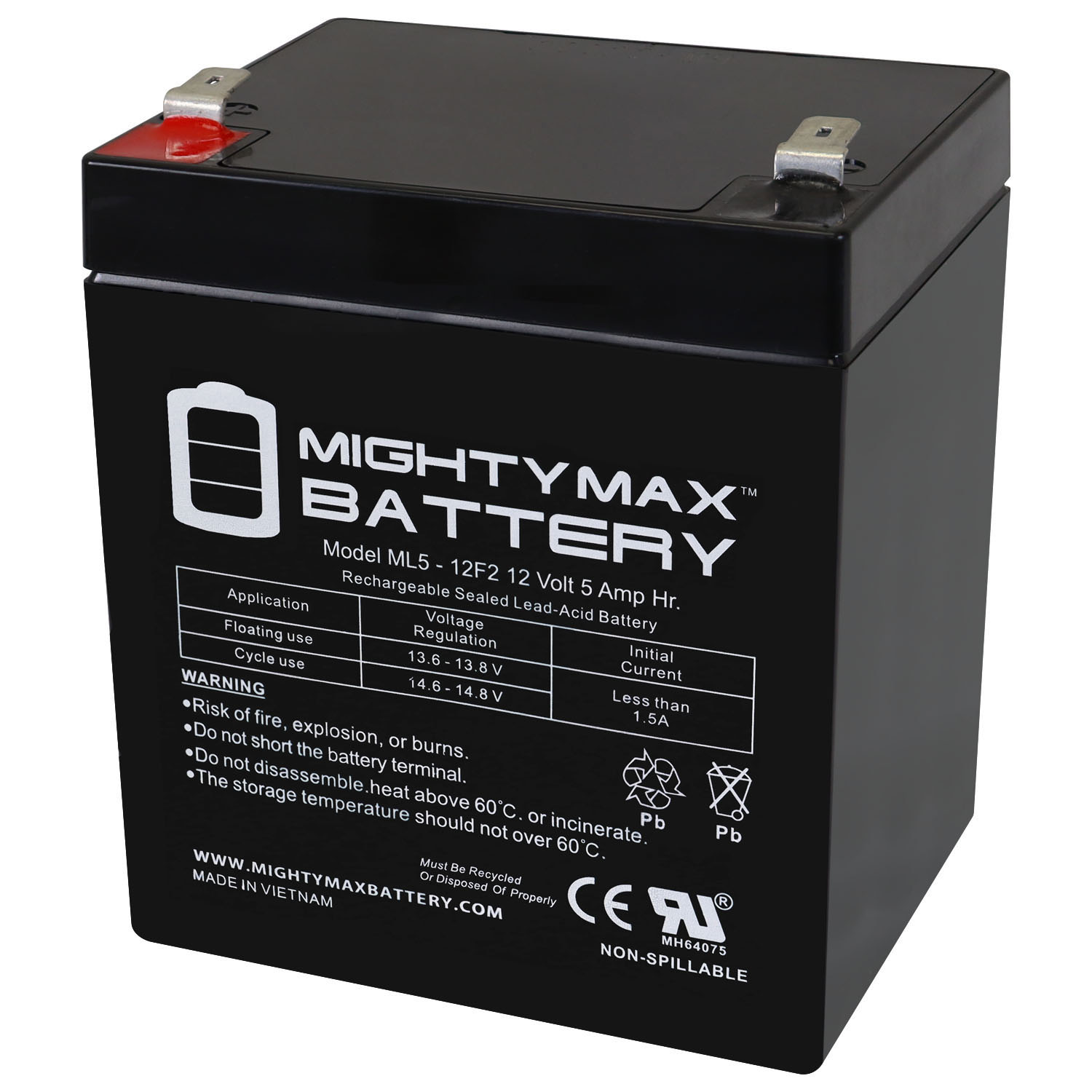 Mighty Max Battery ML5-12F2 - 12 Volt 5 AH, F2 Terminal, Rechargeable SLA AGM Battery