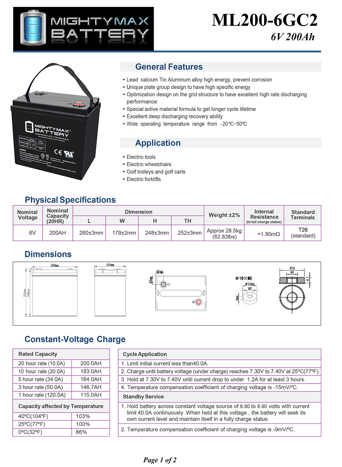 6V 200AH SLA Replacement Battery Compatible with Deep Cycle Golf cart