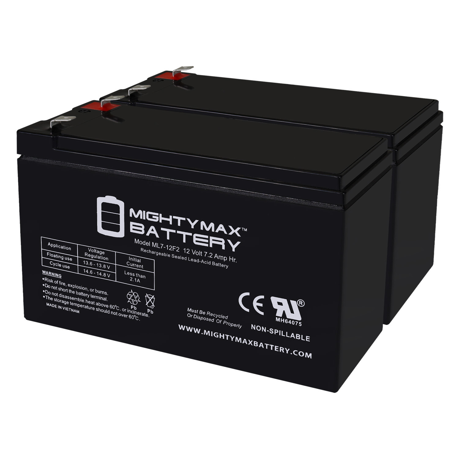 Mighty Max Battery ML7-12F2 - 12 Volt 7 AH, F2 Terminal, Rechargeable SLA AGM Battery - Pack of 2