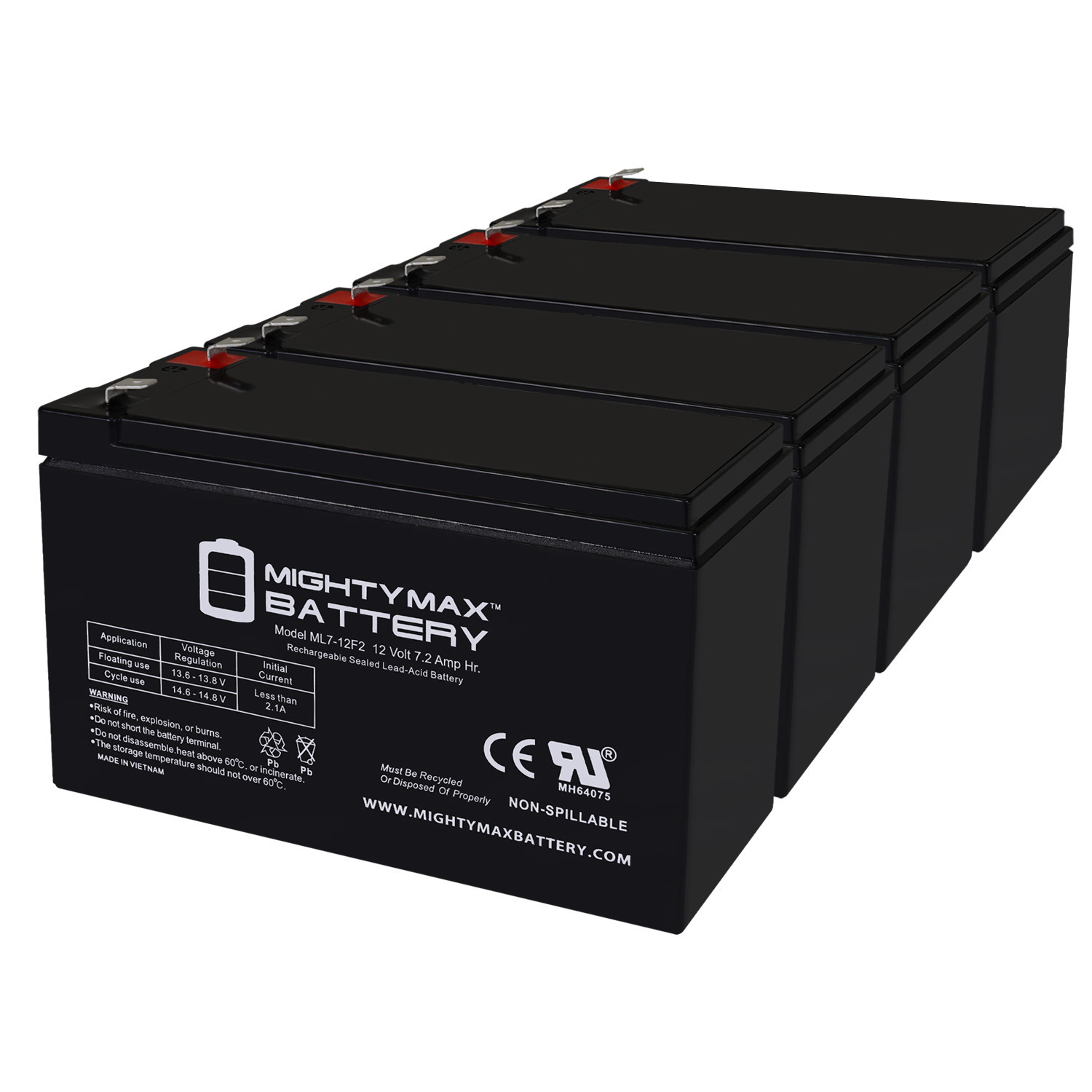 Mighty Max Battery ML7-12F2 - 12 Volt 7 AH, F2 Terminal, Rechargeable SLA AGM Battery - Pack of 4