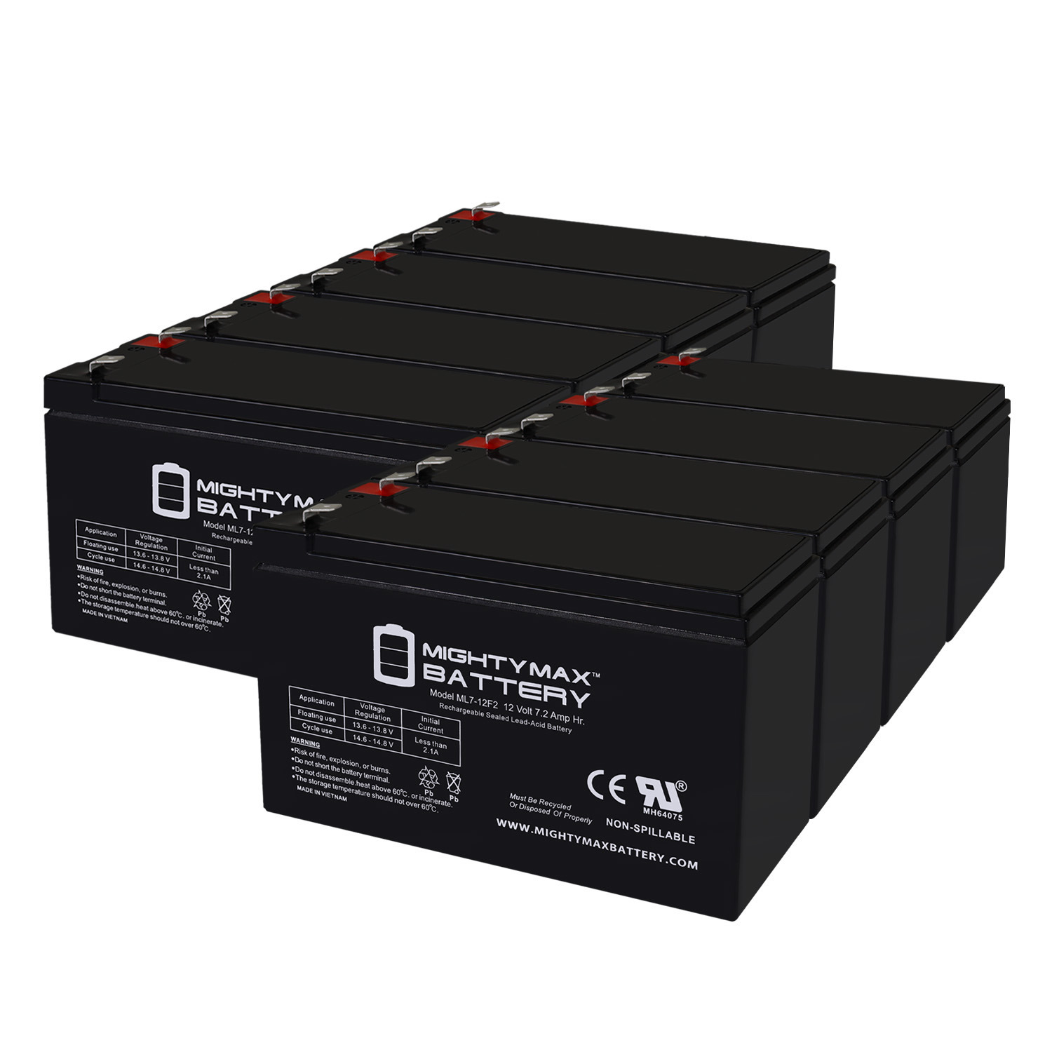 Mighty Max Battery ML7-12F2 - 12 Volt 7 AH, F2 Terminal, Rechargeable SLA AGM Battery - Pack of 8