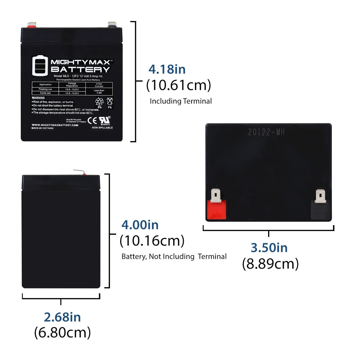 Mighty Max Battery ML5-12F2 - 12 Volt 5 AH, F2 Terminal, Rechargeable SLA AGM Battery - Pack of 2
