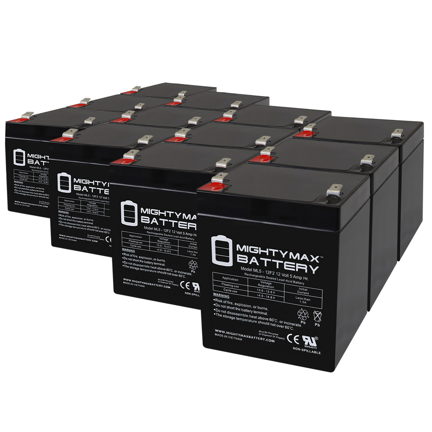 Mighty Max Battery ML5-12F2 - 12 Volt 5 AH, F2 Terminal, Rechargeable SLA AGM Battery - Pack of 12