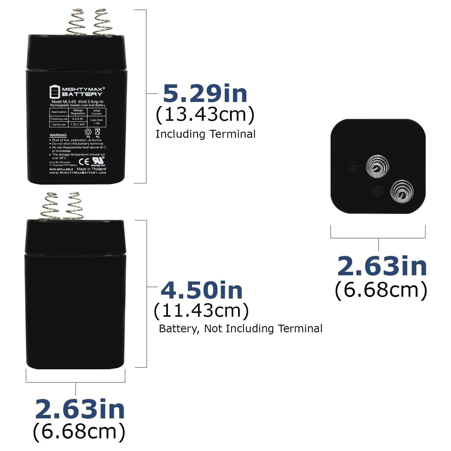 ML5-6S -6 Volt 5 AH, Spring S2 Terminal, Rechargeable - Pack of 2