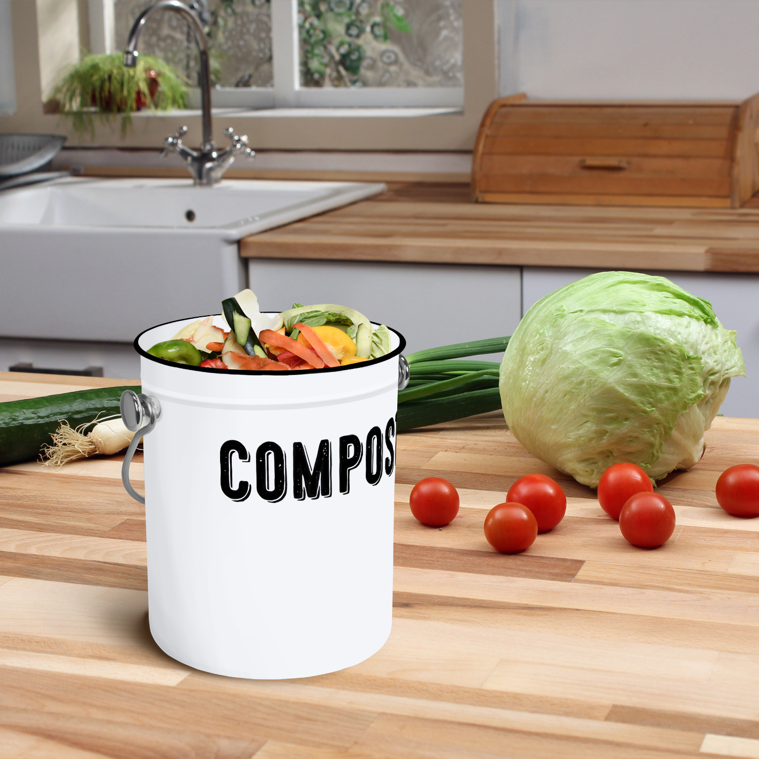 Farm House design  Compost bin  for kitchen scraps - WHITE