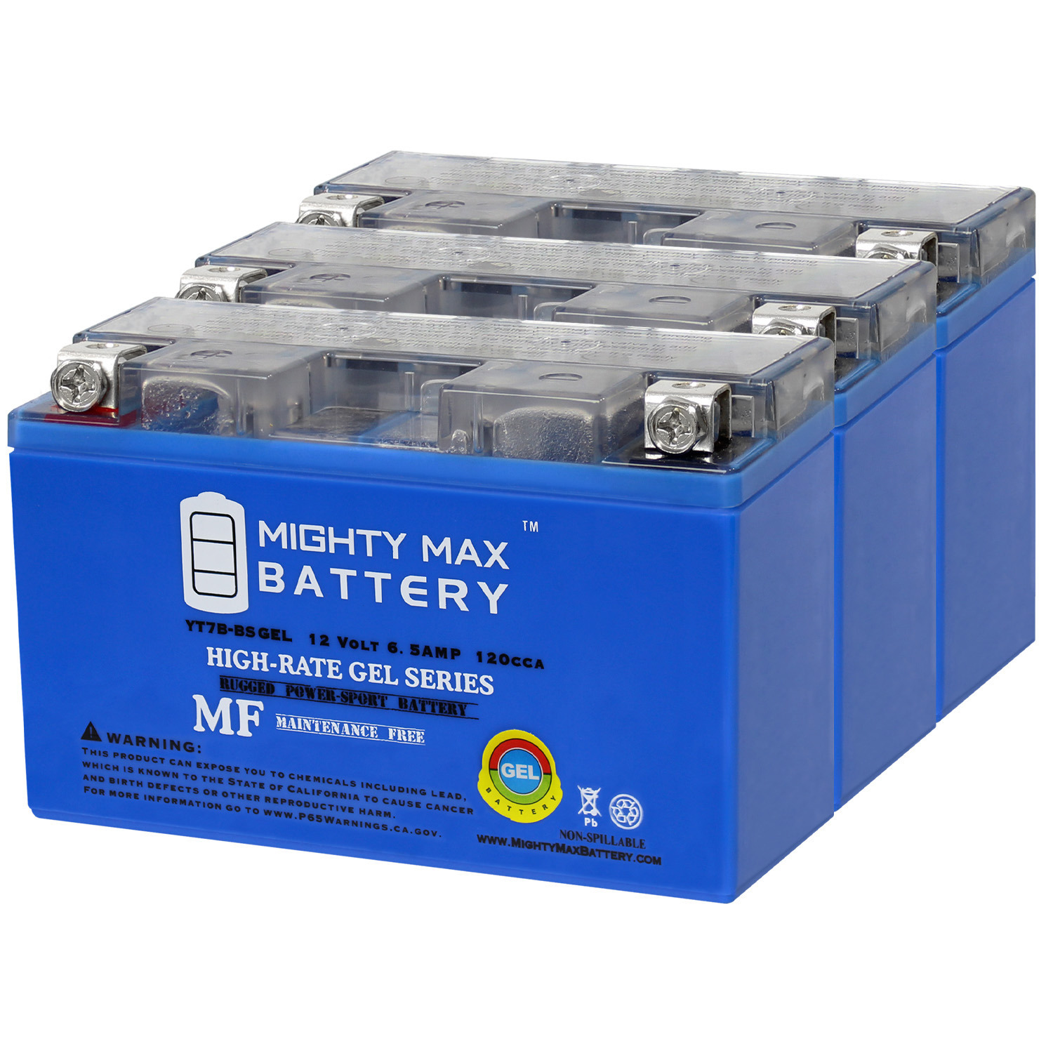 Mighty Max Battery YT7B-BSGEL -12 Volt 6.5 AH, GEL Type, 110 CCA, Rechargeable Maintenance Free SLA AGM Motorcycle Battery - Pack of 3