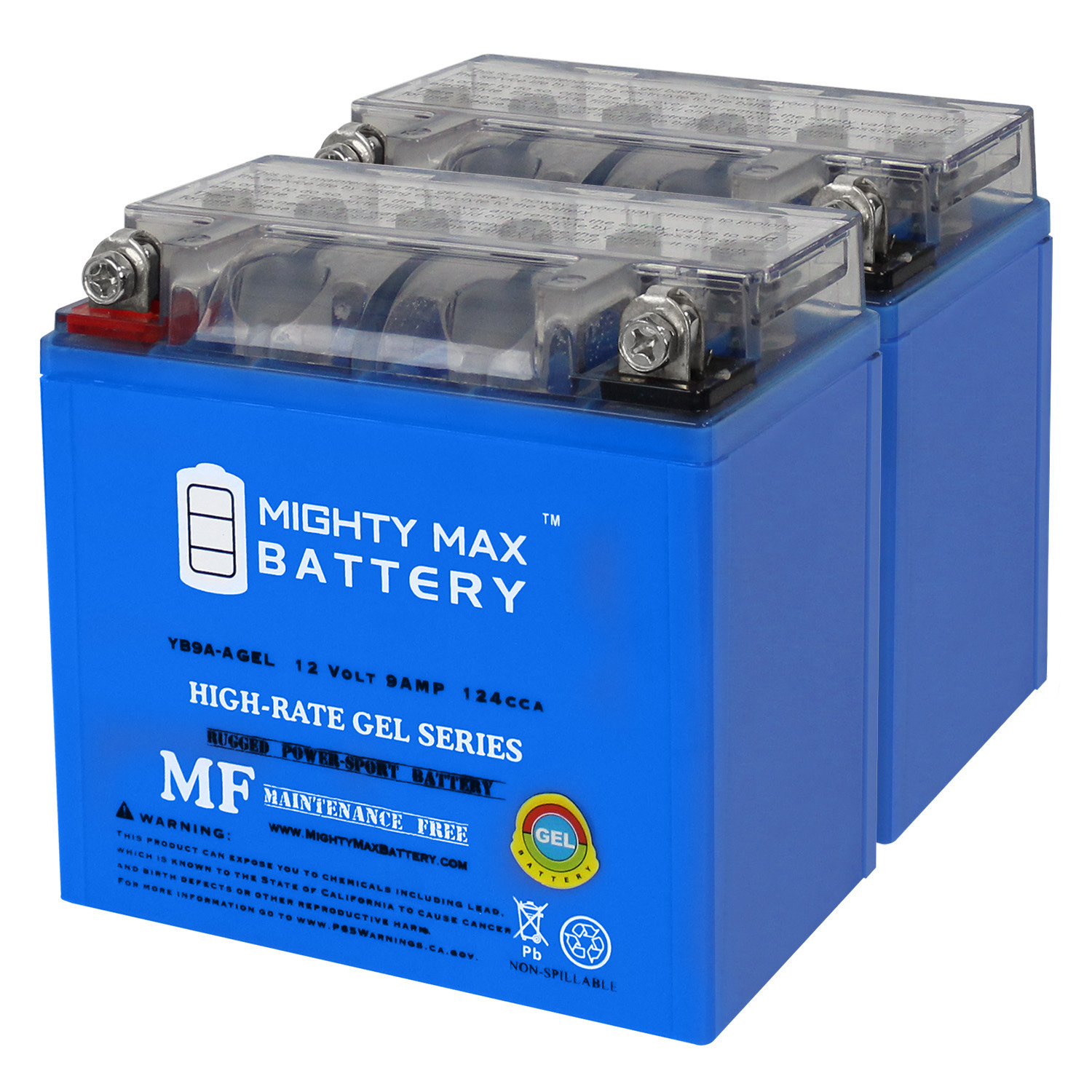 Mighty Max Battery YB9A-AGEL - 12 Volt 9 AH, GEL Type, 130 CCA, Rechargeable Maintenance Free SLA AGM Motorcycle Battery - Pack of 2