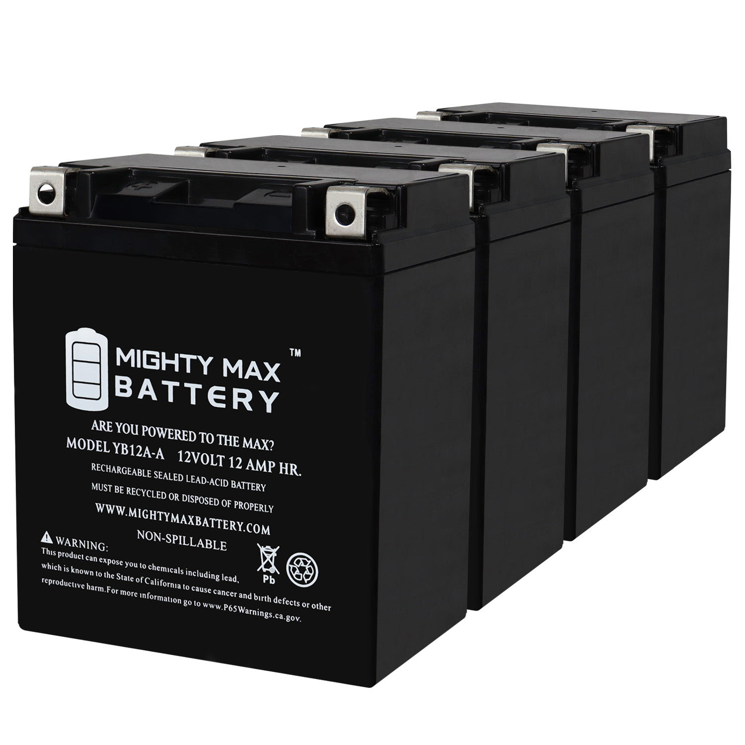 YB12A-A -12 Volt 12 AH, 165 CCA, Rechargeable Maintenance Free SLA AGM Motorcycle Battery - Pack of 4