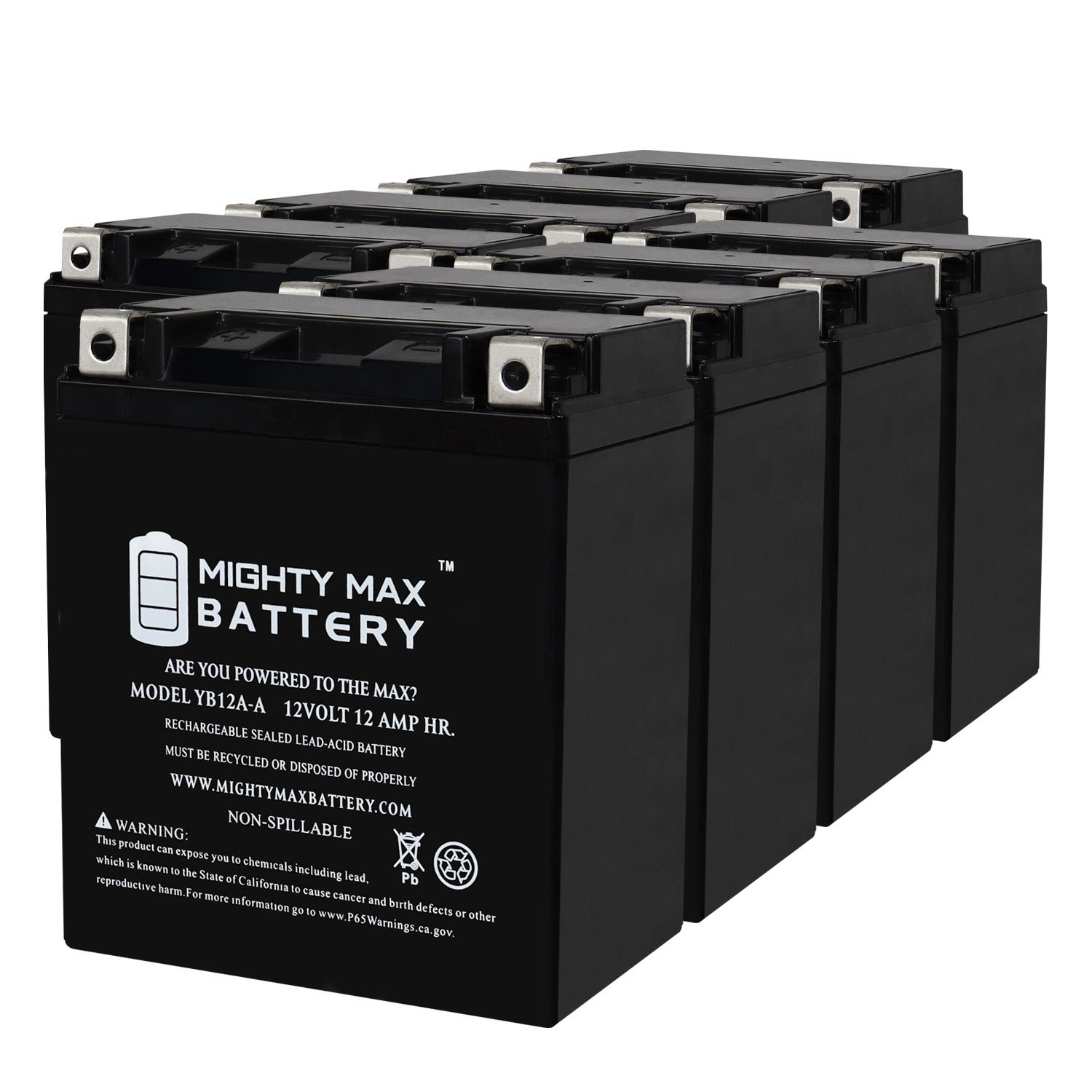 YB12A-A -12 Volt 12 AH, 165 CCA, Rechargeable Maintenance Free SLA AGM Motorcycle Battery - Pack of 8