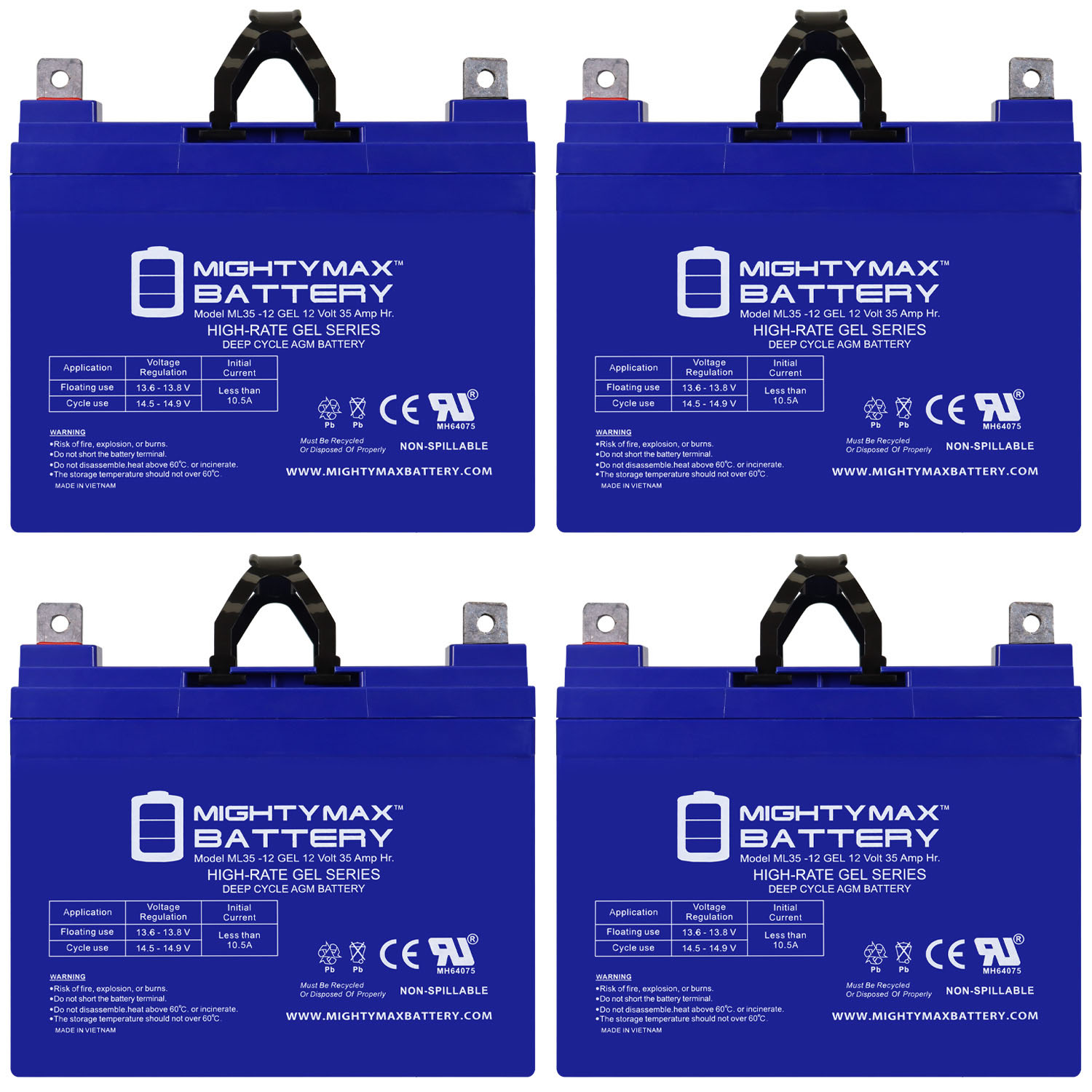 ML35-12GEL - 12 Volt 35 AH, GEL Type, Nut and Bolt (NB) Terminal, Rechargeable AGM Battery - 4 Pack