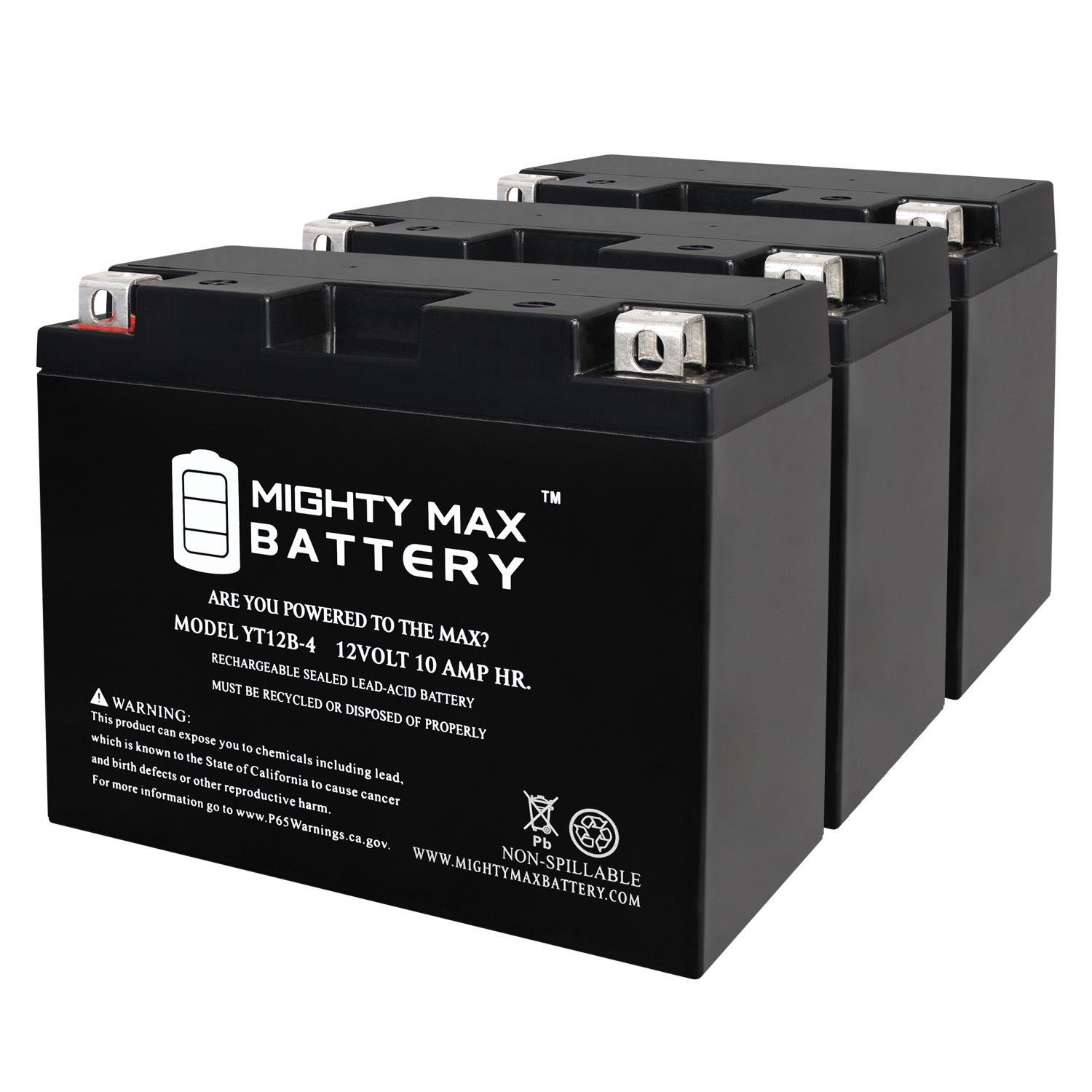 YT12B-4 -12 Volt 10 AH, 125 CCA, Rechargeable Maintenance Free SLA AGM Motorcycle Battery - Pack of 3