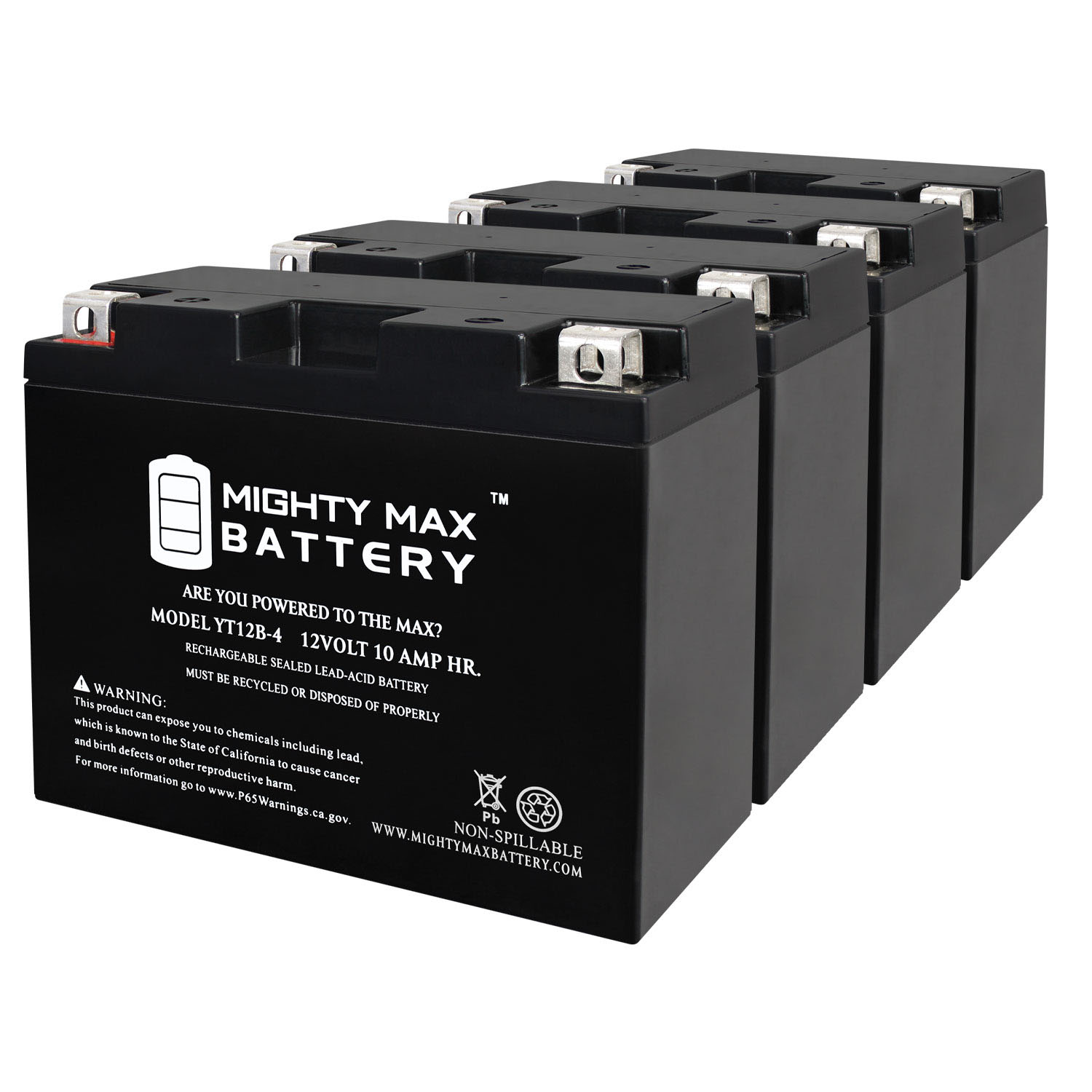 YT12B-4 -12 Volt 10 AH, 125 CCA, Rechargeable Maintenance Free SLA AGM Motorcycle Battery - Pack of 4