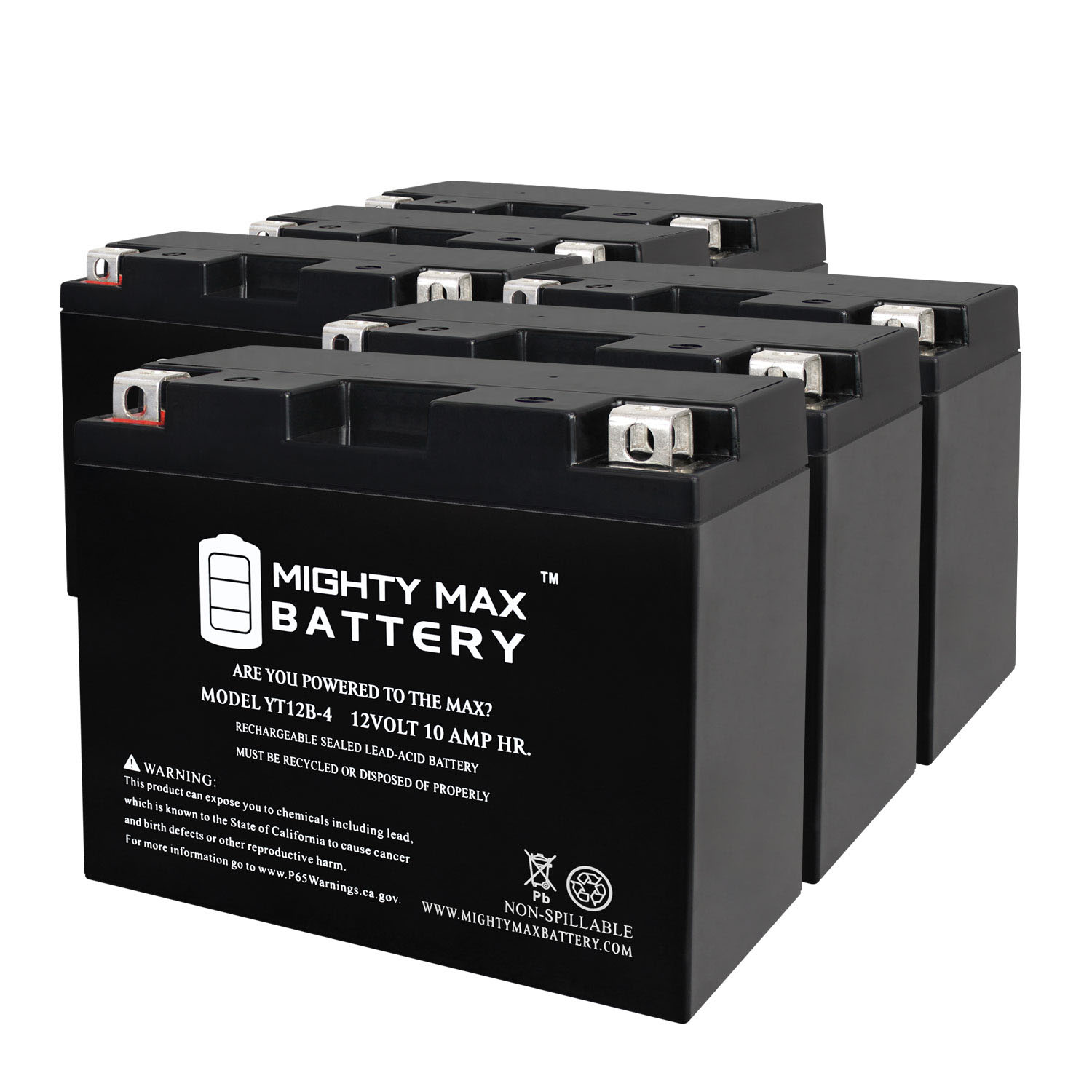 YT12B-4 -12 Volt 10 AH, 125 CCA, Rechargeable Maintenance Free SLA AGM Motorcycle Battery - Pack of 6