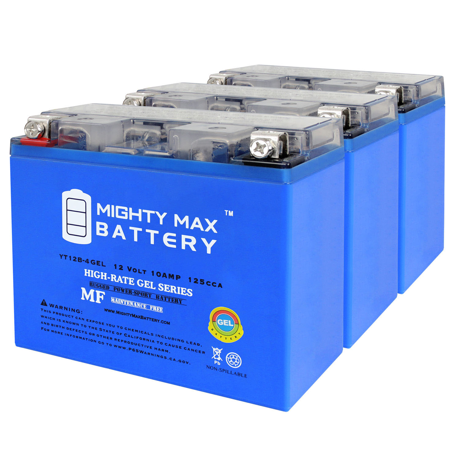 YT12B-4GEL -12 Volt 10 AH, GEL Type 125 CCA, Rechargeable Maintenance Free SLA AGM Motorcycle Battery - Pack of 3