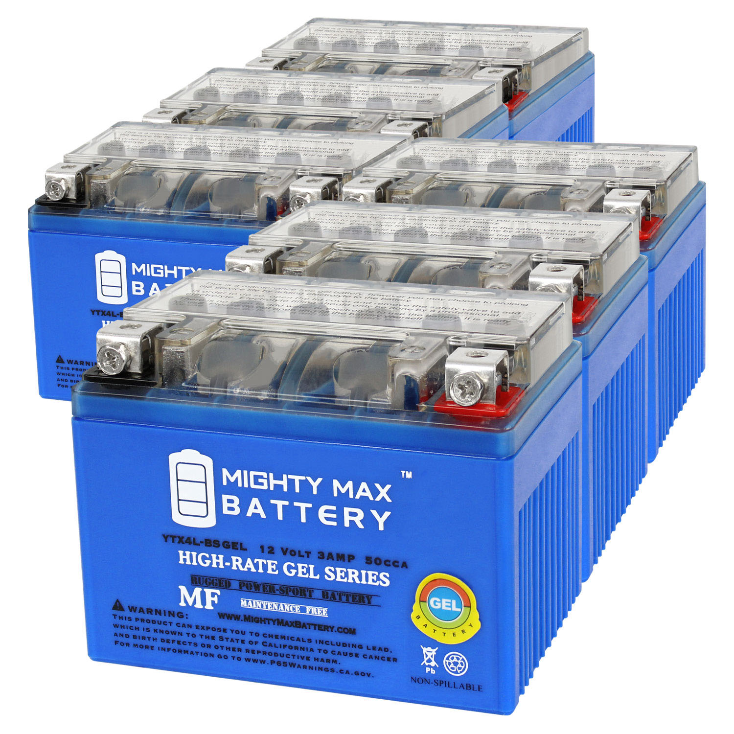 Mighty Max Battery YTX4L-BSGEL - 12 Volt 3 AH, GEL Type, 50 CCA, Rechargeable Maintenance Free SLA AGM Motorcycle Battery - Pack of 6