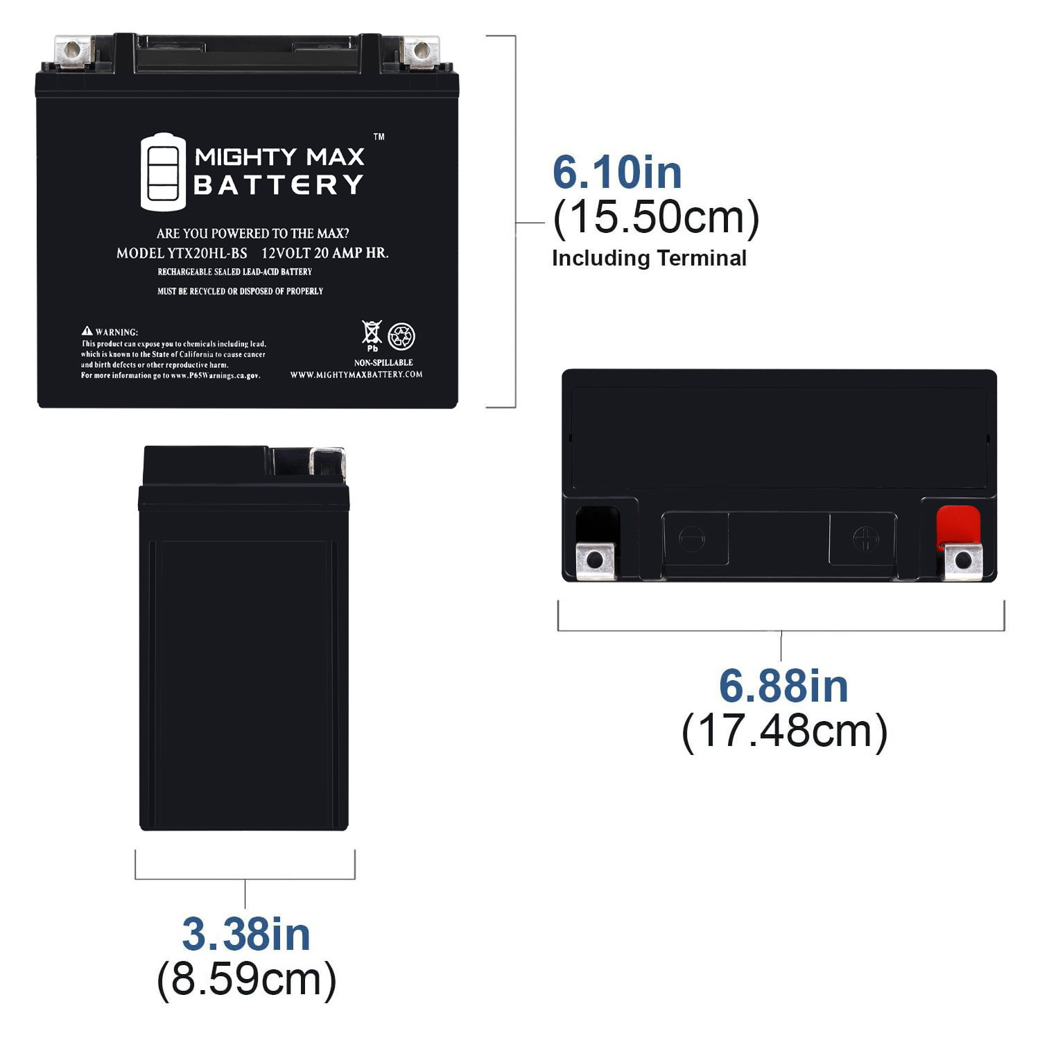 Mighty Max Battery YTX20HL-BS - 12 Volt 20 AH, 310 CCA, Rechargeable Maintenance Free SLA AGM Motorcycle Battery