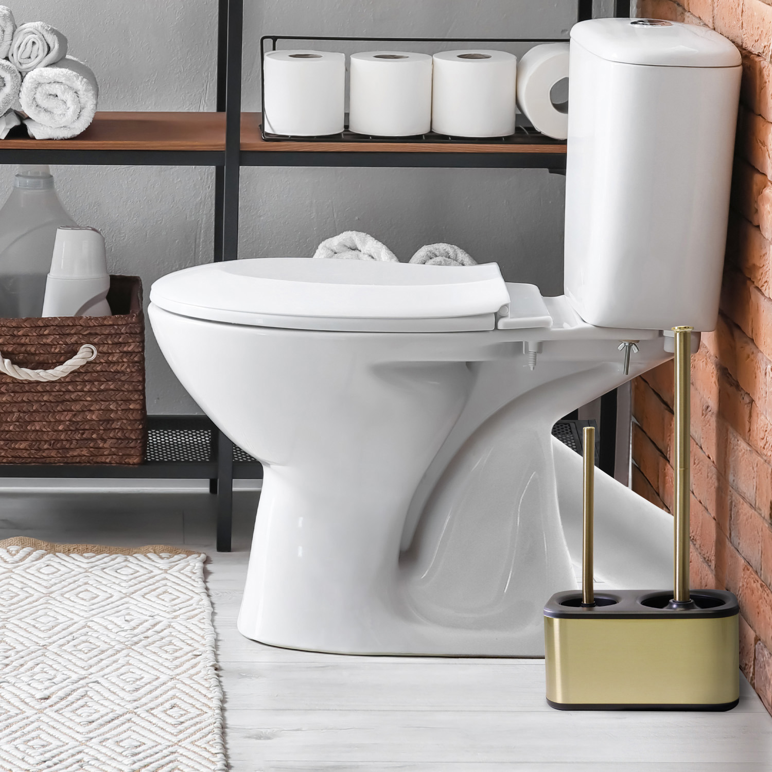 modern sleek toilet bowl brush and Toilet plunger combo - Gold