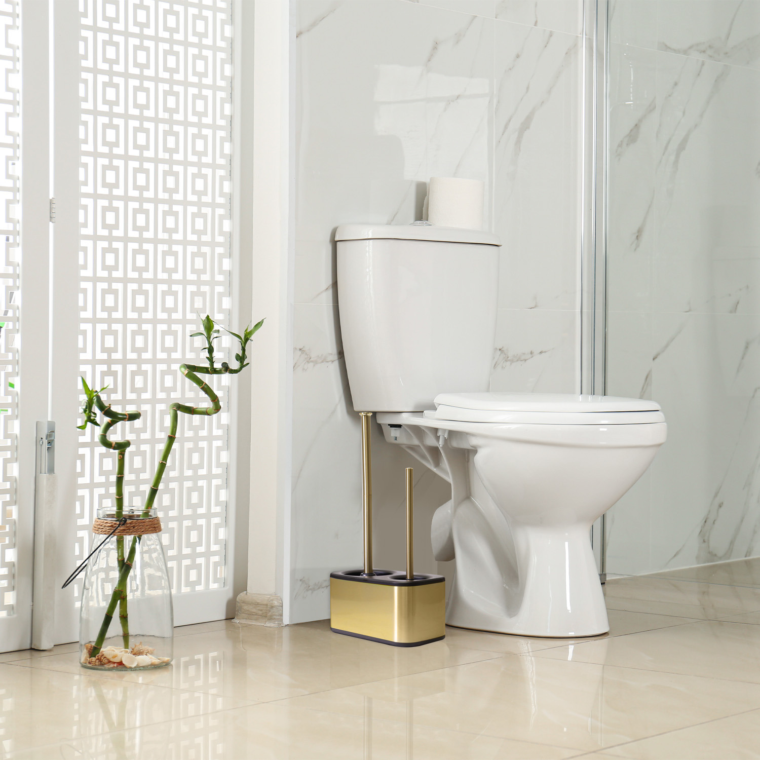 modern sleek toilet bowl brush and Toilet plunger combo - Gold