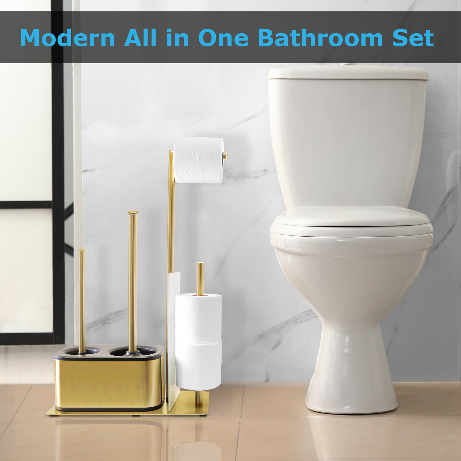 All in one toilet brush, plunger toilet paper holder Bath Set Gold