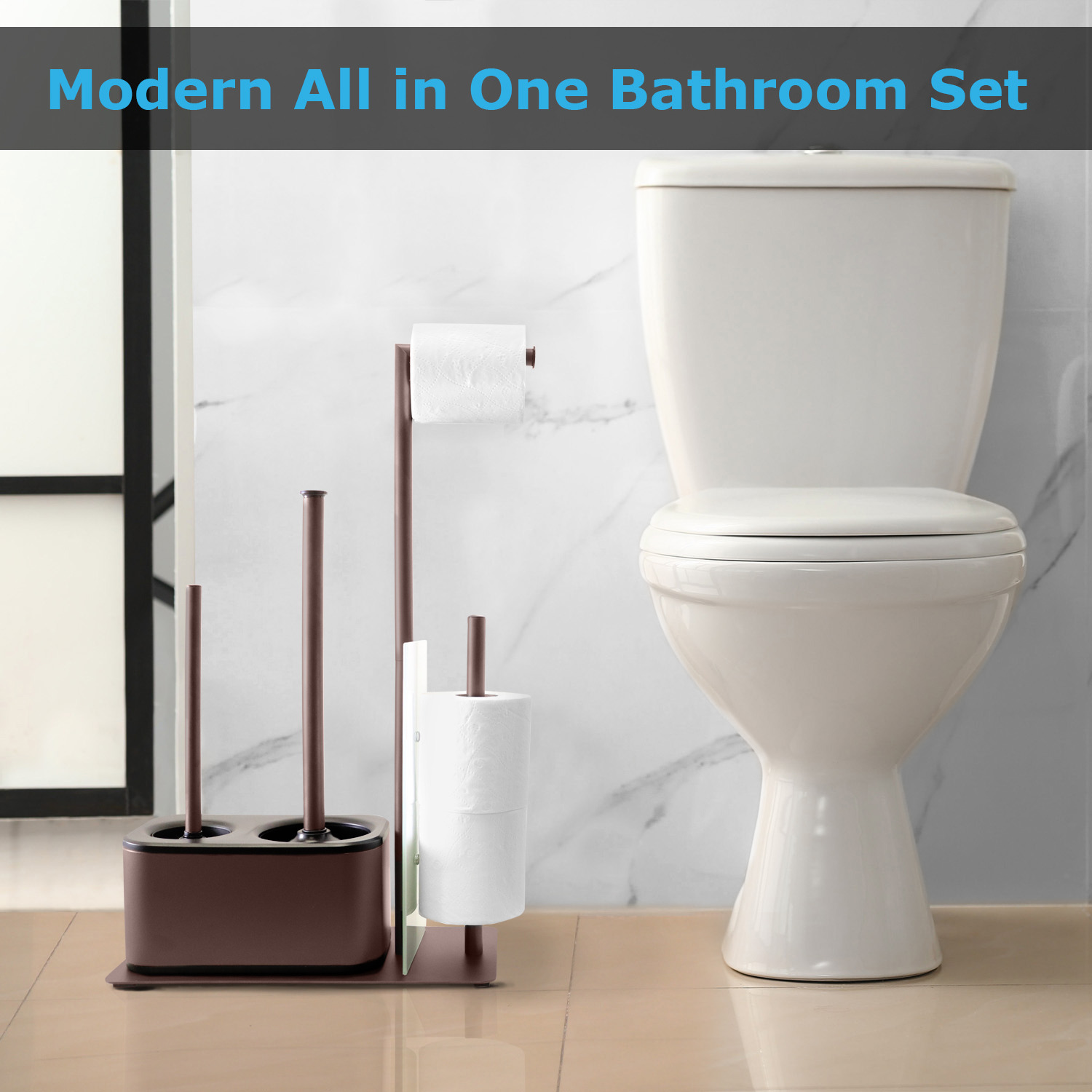 All in one toilet brush, plunger toilet paper holder Bath Set bronze