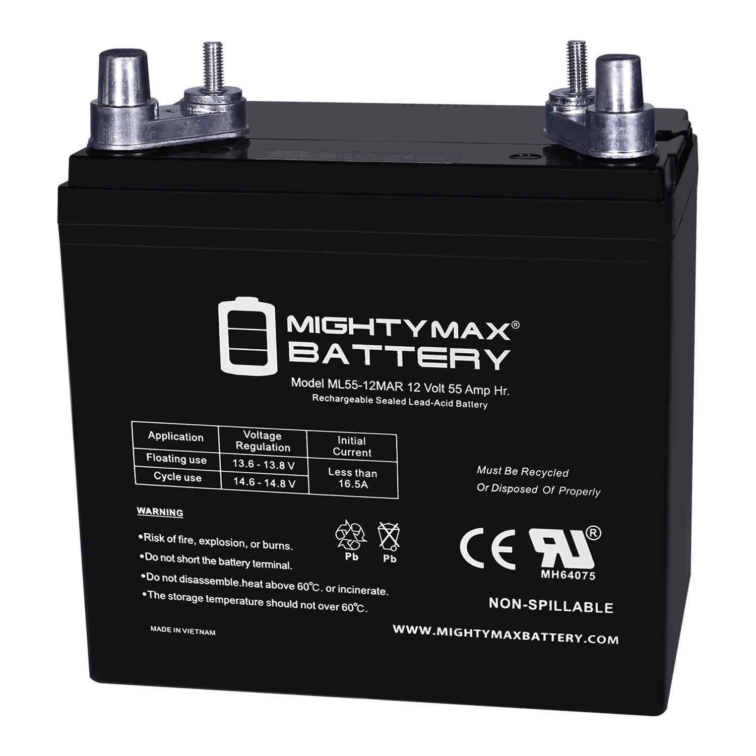 ML55-12MAR - 12 Volt 55 AH, Marine Post Terminal, Rechargeable SLA AGM Battery