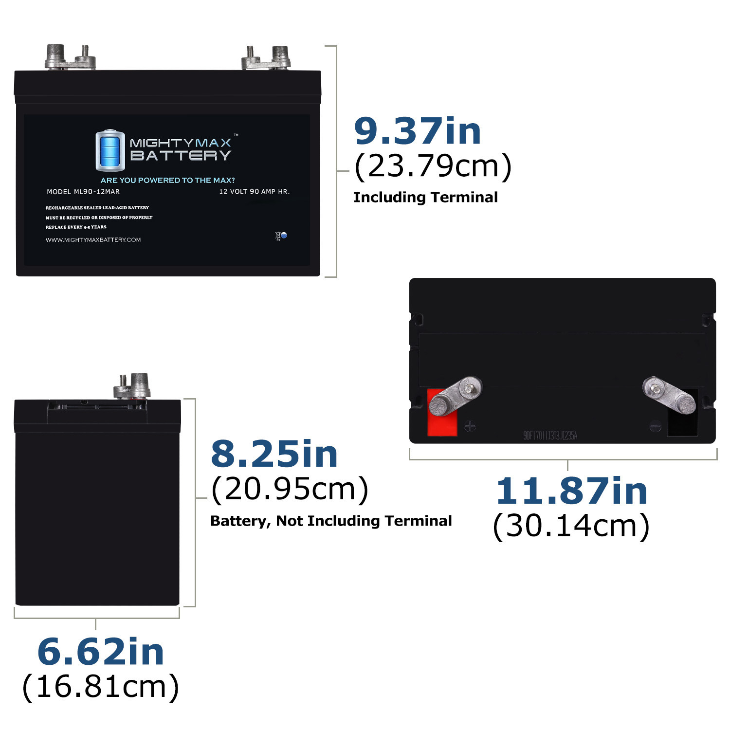 ML90-12MAR - 12 Volt 90 AH, Marine Post Terminal, Rechargeable SLA AGM Battery