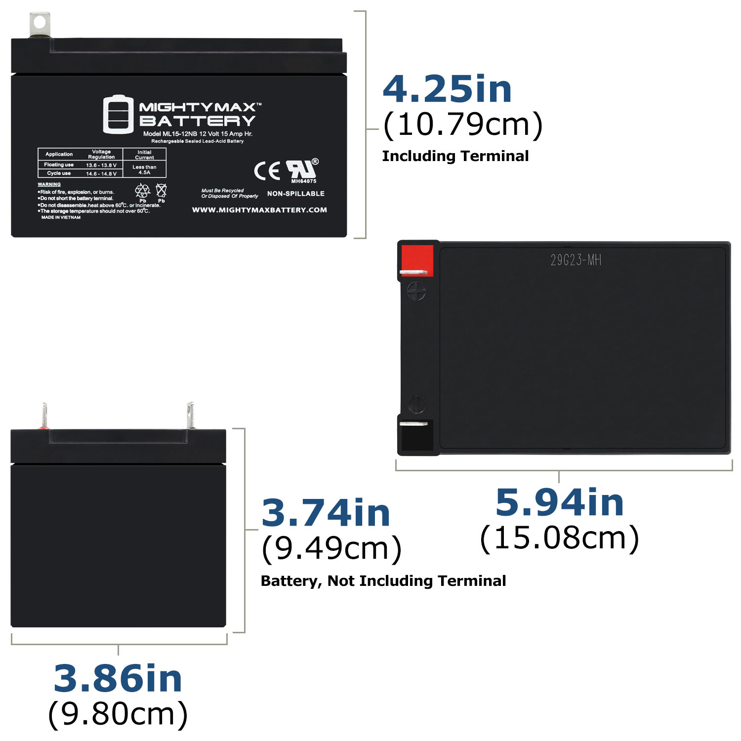 ML15-12 - 12 Volt 15 AH, NB Terminal, Rechargeable SLA AGM Battery - 4 Pack