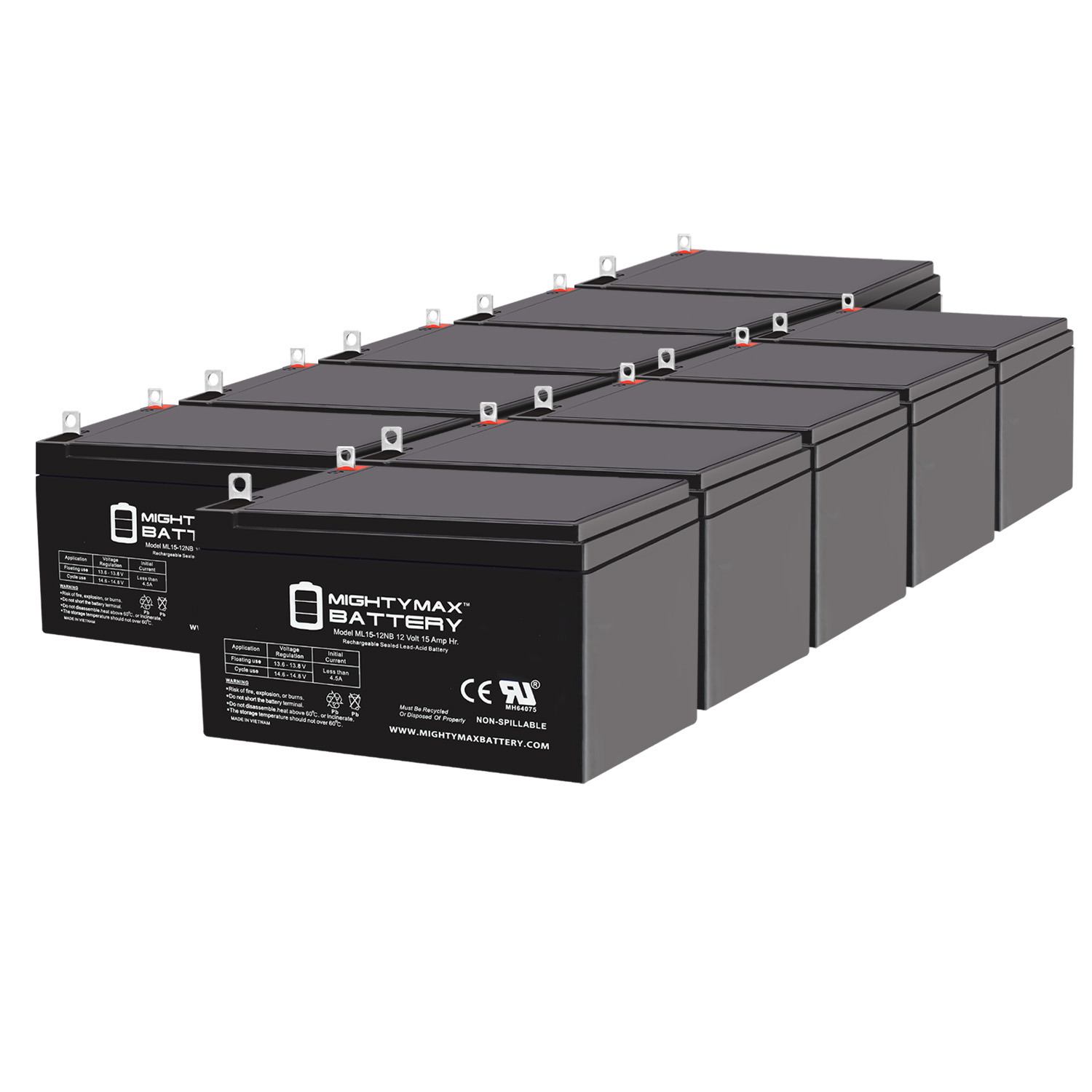 ML15-12NB 12V 15AH Replacement Battery Compatible with Dalton Medical BAT-1214 - 10 Pack