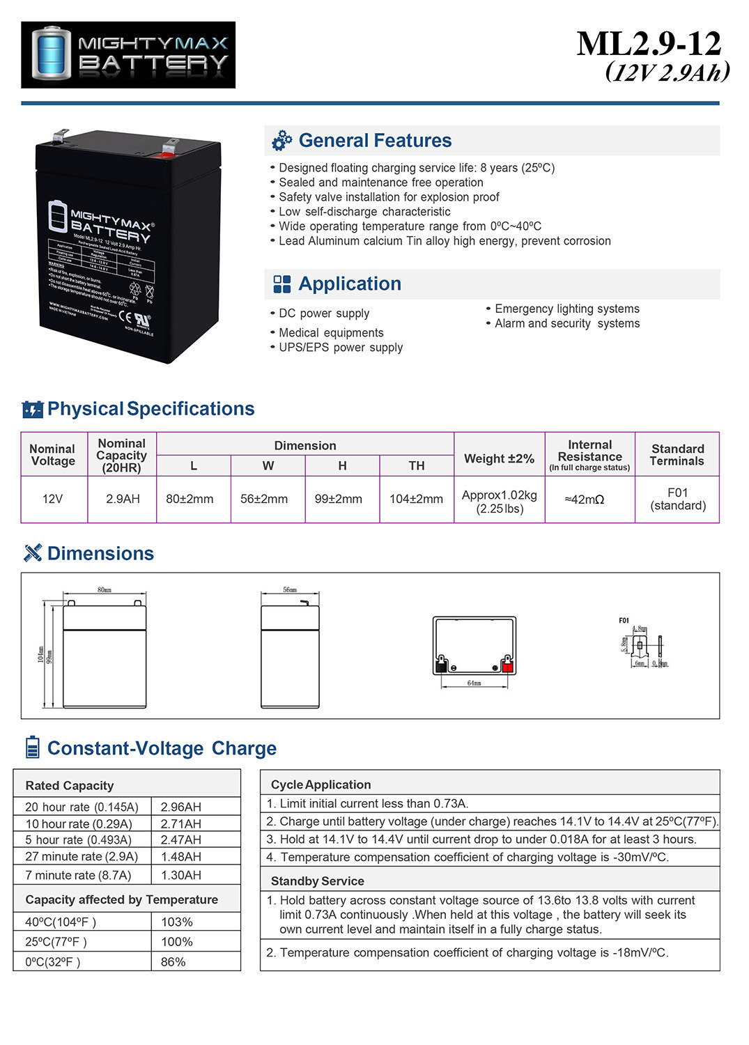 12V 2.9AH F1 SLA Replacement Battery Compatible With NPP NP12-2.9