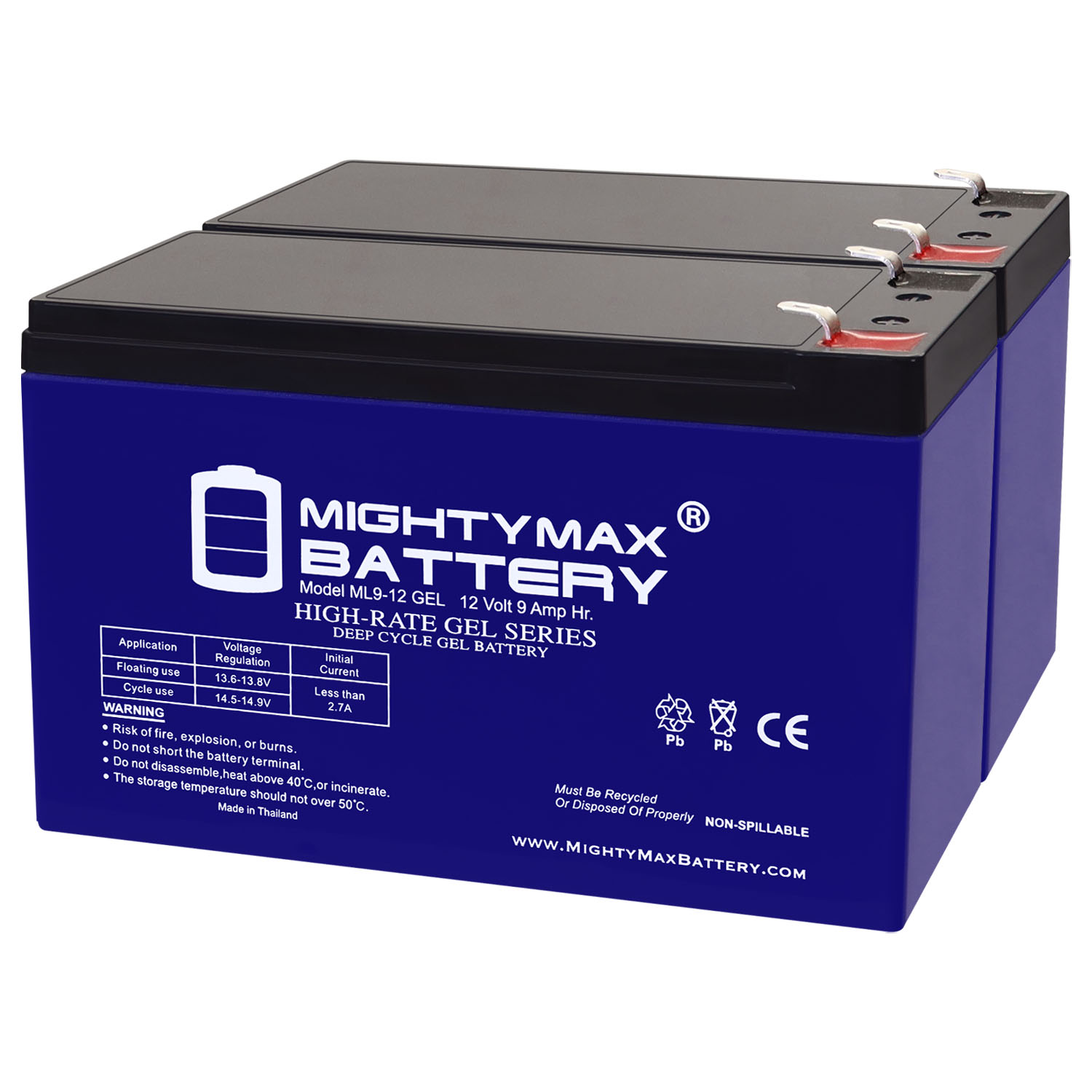 ML9-12GEL - 12 Volt 9 AH, GEL Type, F2 Terminal, Rechargeable SLA AGM Battery - 2 Pack