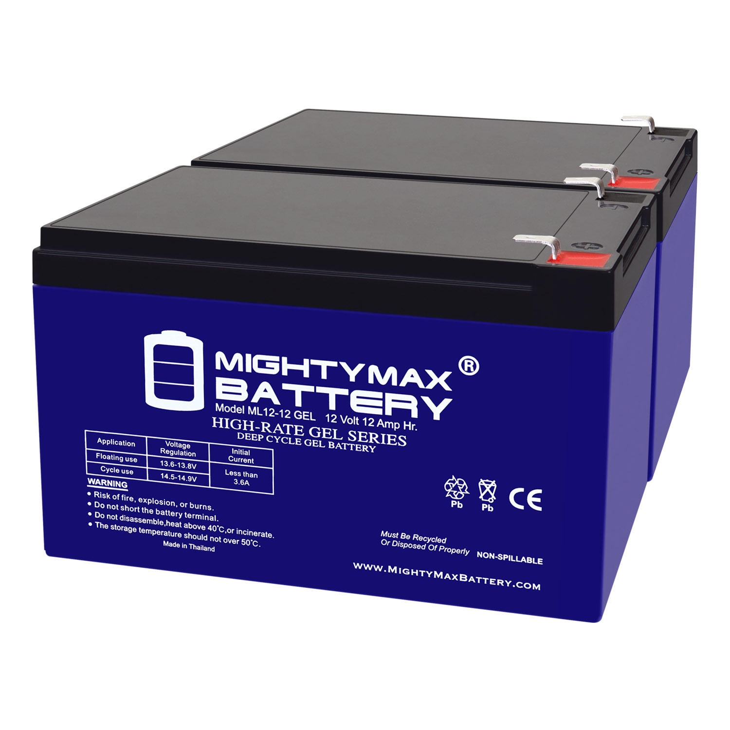 ML12-12GEL - 12 Volt 12 AH, GEL Type, F2 Terminal, Rechargeable SLA AGM Battery - 2 Pack