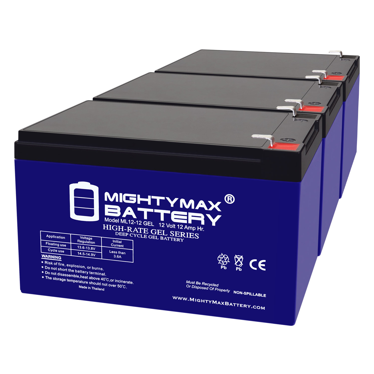 ML12-12GEL - 12 Volt 12 AH, GEL Type, F2 Terminal, Rechargeable SLA AGM Battery - 3 Pack