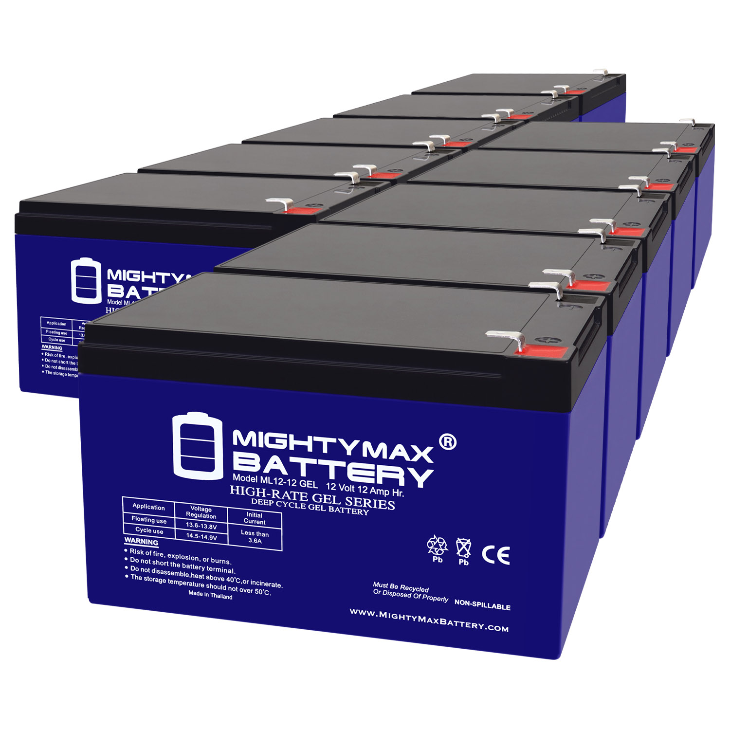 ML12-12GEL - 12 Volt 12 AH, GEL Type, F2 Terminal, Rechargeable SLA AGM Battery - 10 Pack