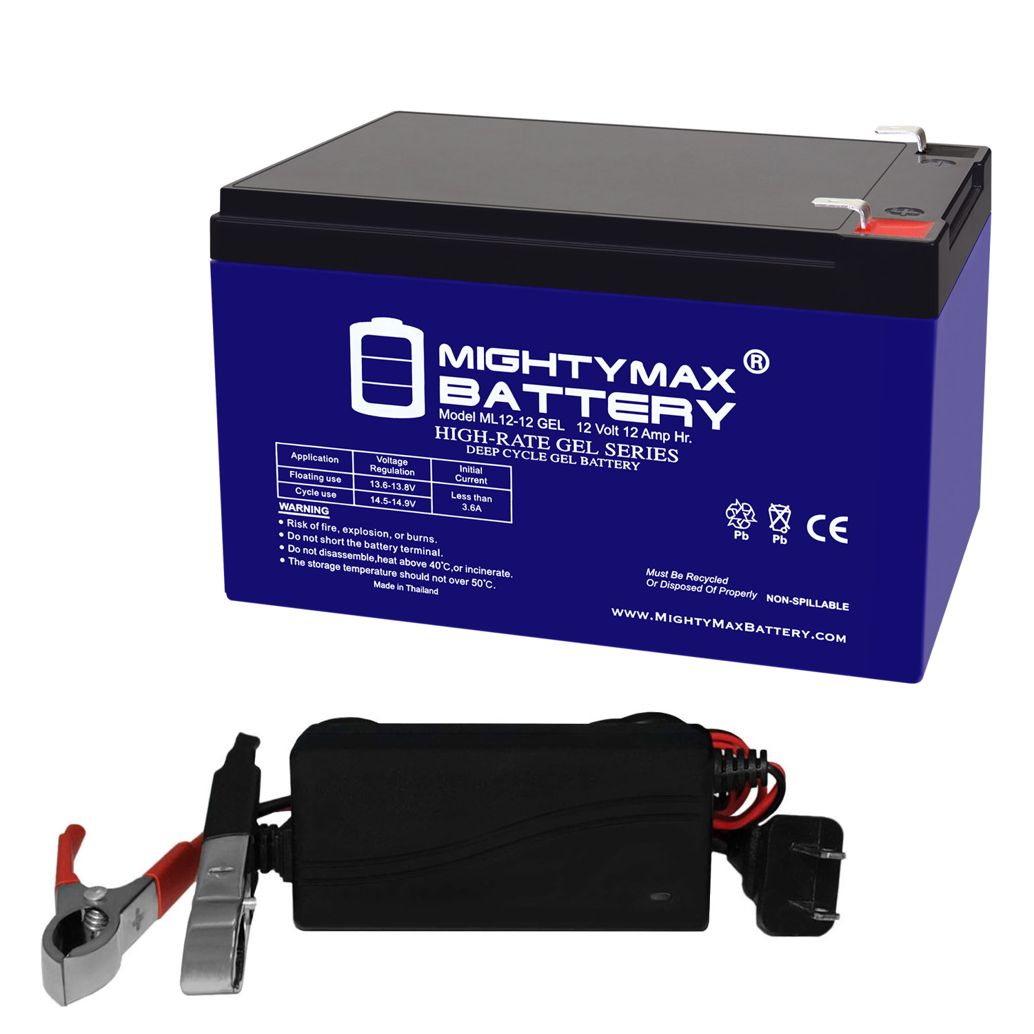 ML12-12GEL - 12 Volt 12 AH, GEL Type, F2 Terminal, Rechargeable SLA AGM Battery Includes 12V Charger
