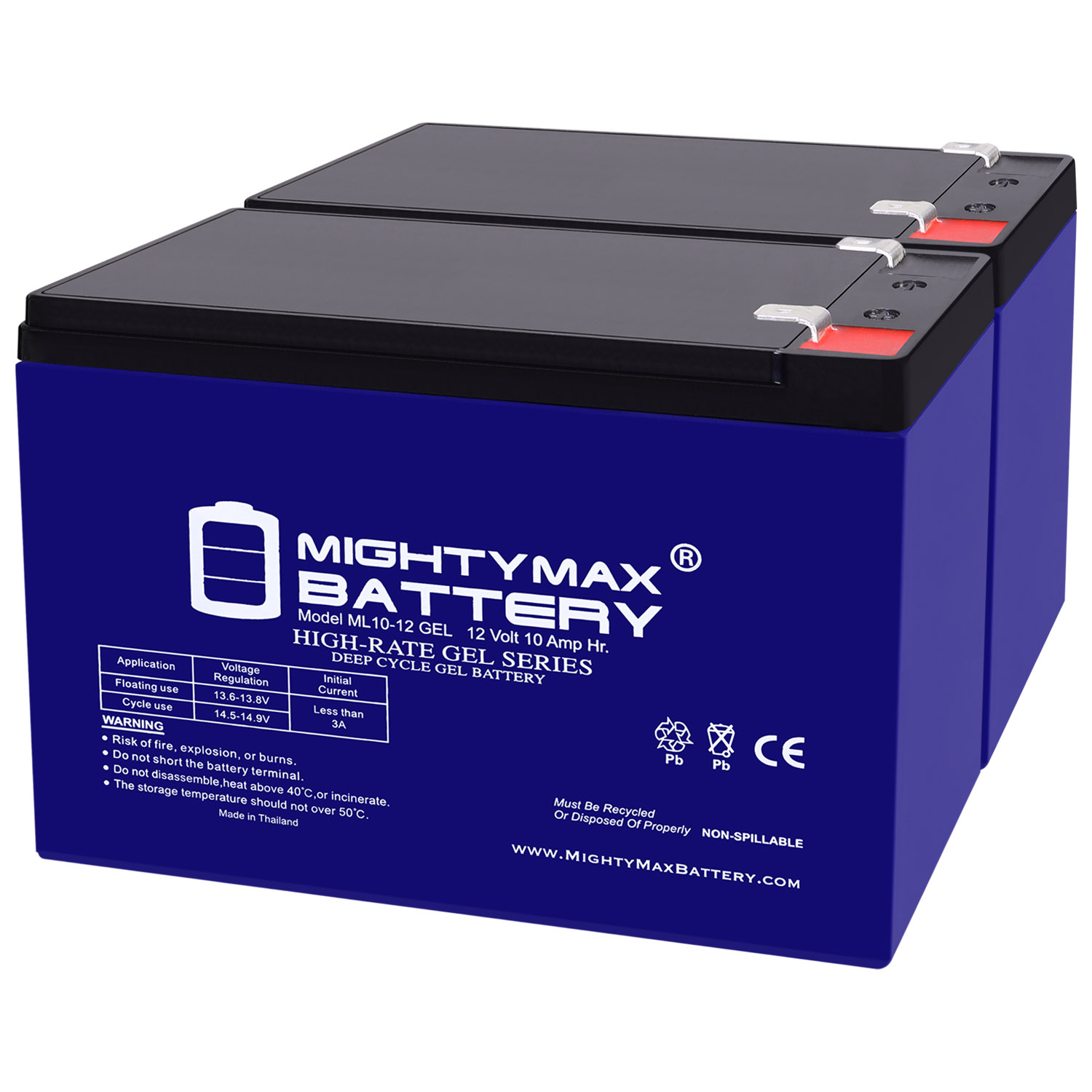 ML10-12GEL - 12 Volt 10 AH, GEL Type, F2 Terminal, Rechargeable SLA AGM Battery - 2 Pack