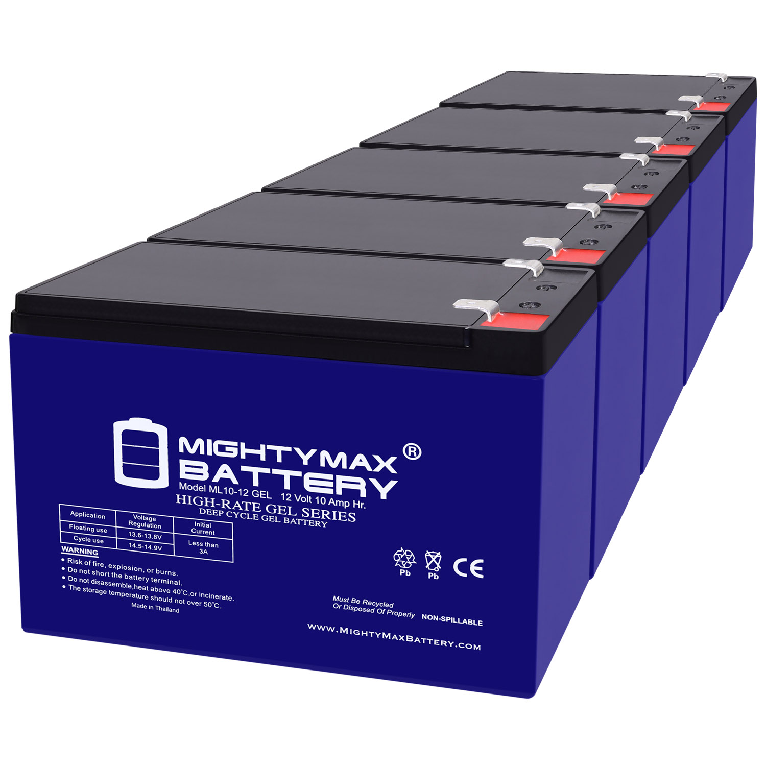 ML10-12GEL - 12 Volt 10 AH, GEL Type, F2 Terminal, Rechargeable SLA AGM Battery - 5 Pack