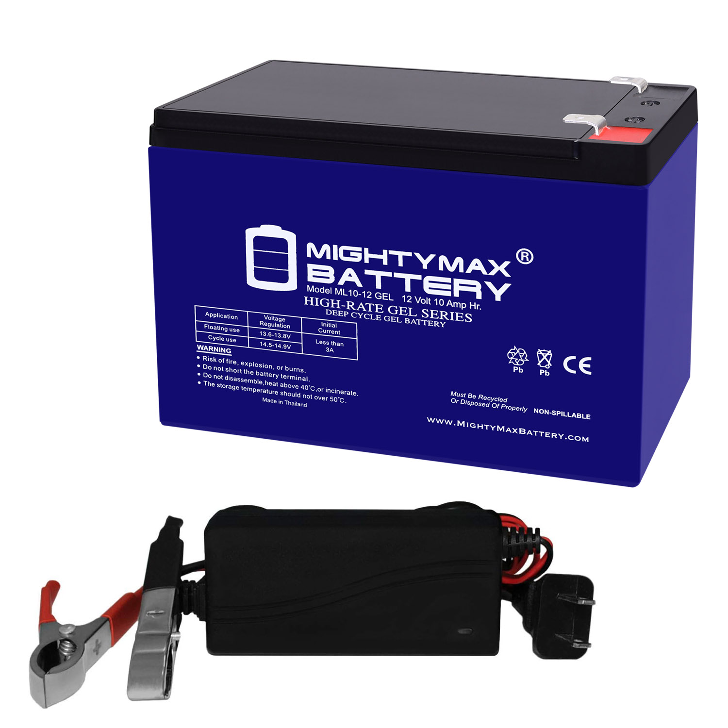 ML10-12GEL - 12 Volt 10 AH, GEL Type, F2 Terminal, Rechargeable SLA AGM Battery Includes 12V Charger