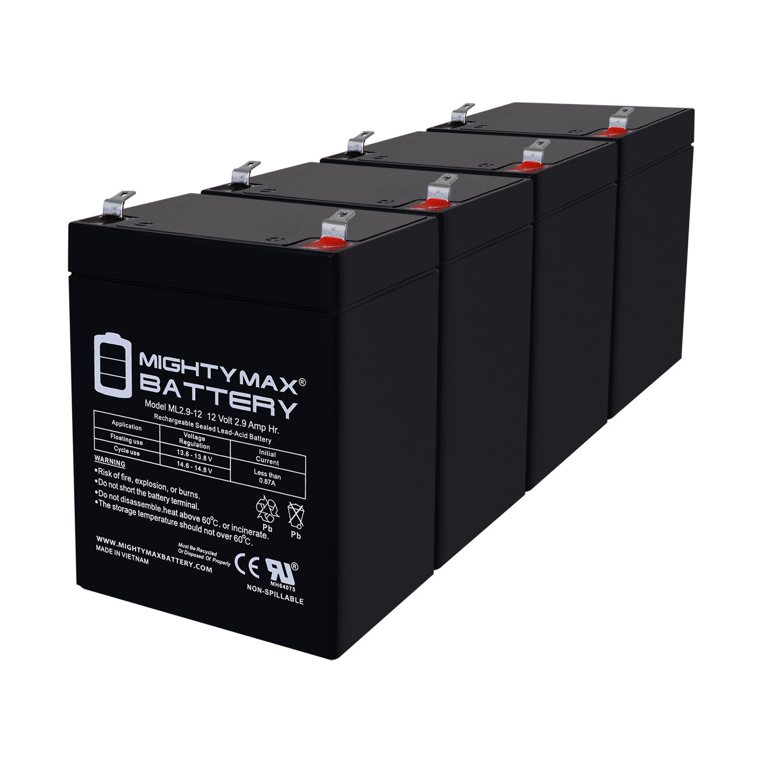 ML2.9-12 - 12Volt 2.9AH, F1 Terminal, Rechargeable SLA AGM Battery - 4 Pack