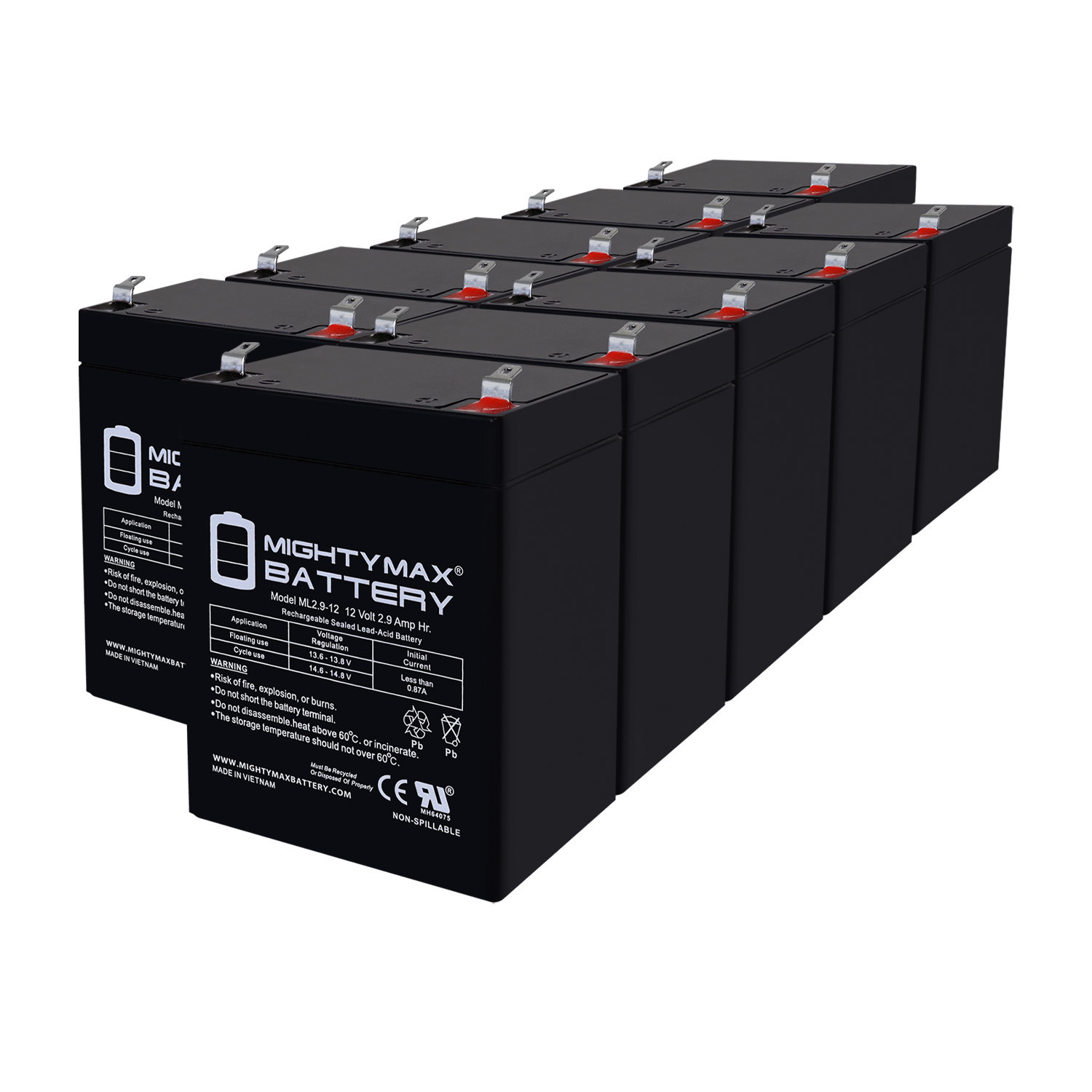 ML2.9-12 - 12Volt 2.9AH, F1 Terminal, Rechargeable SLA AGM Battery - 10 Pack