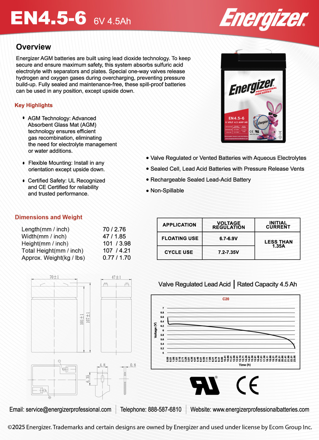 Energizer EN4.5-6, 6 Volt 4.5 Amp Hr, Long Lasting Sealed Lead Acid AGM Rechargeable Battery Ideal For Use In Kids Ride On, Emergency Lighting, Backup Power, and more