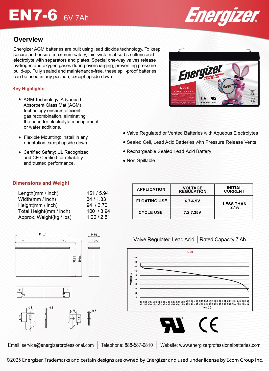 Energizer EN7-6, 6 Volt 7 Amp Hr, Long Lasting Sealed Lead Acid AGM Rechargeable Battery Ideal For Use In Emergency Lighting, Backup Power, Kids Ride On, and more