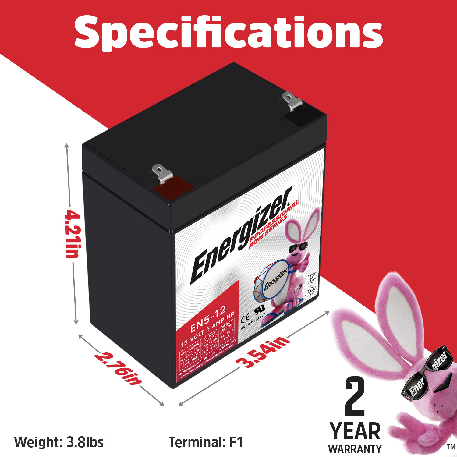 Energizer EN5-12, 12 Volt 5 Amp Hr, Long Lasting Sealed Lead Acid AGM Rechargeable Battery Ideal For Use In Garage Door, Alarm Panels, Kids Ride On, Backup Power, and more