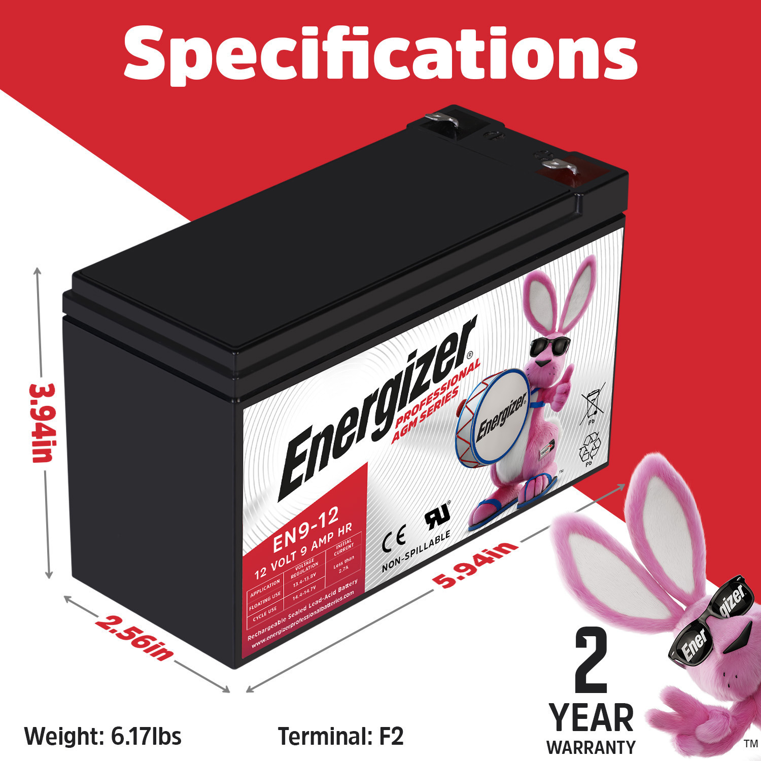 Energizer EN9-12, 12 Volt 9 Amp Hr, Long Lasting Sealed Lead Acid AGM Rechargeable Battery Ideal For Use In Home Alarm Systems, Backup Power, Scooters, and more