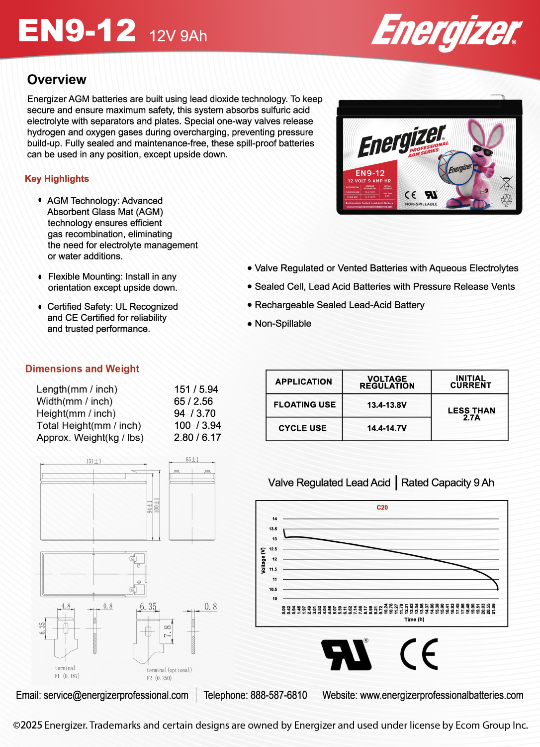 Energizer EN9-12, 12 Volt 9 Amp Hr, Long Lasting Sealed Lead Acid AGM Rechargeable Battery Ideal For Use In Home Alarm Systems, Backup Power, Scooters, and more